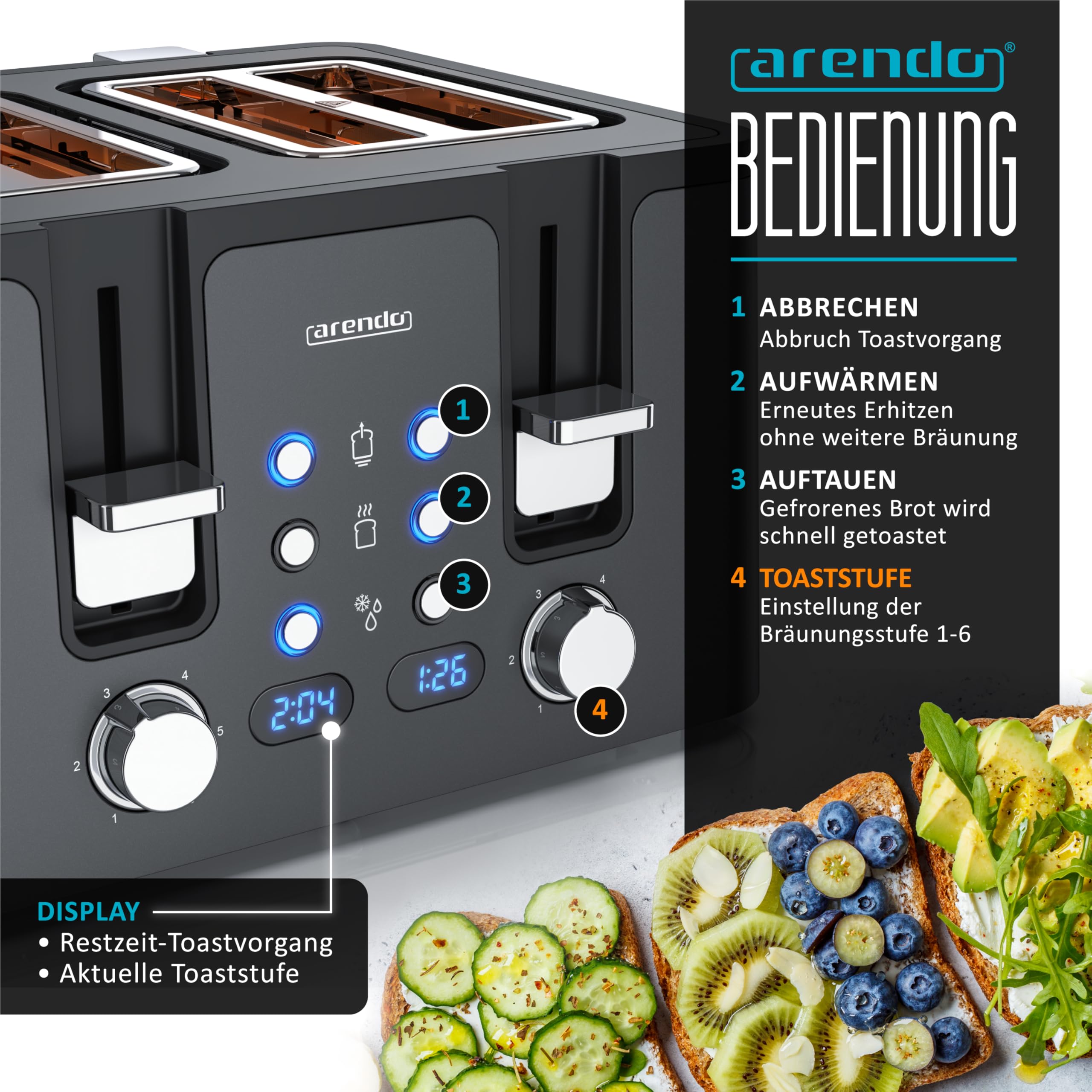 Arendo - Toaster 4 Scheiben Edelstahl - mit Brötchenaufsatz - 4 Schlitze - LED Anzeige Restzeitanzeige – Doppelwandgehäuse - Defrost Funktion - Krümelschublade - 6 Bräunungsgrade - Cool Grey Design