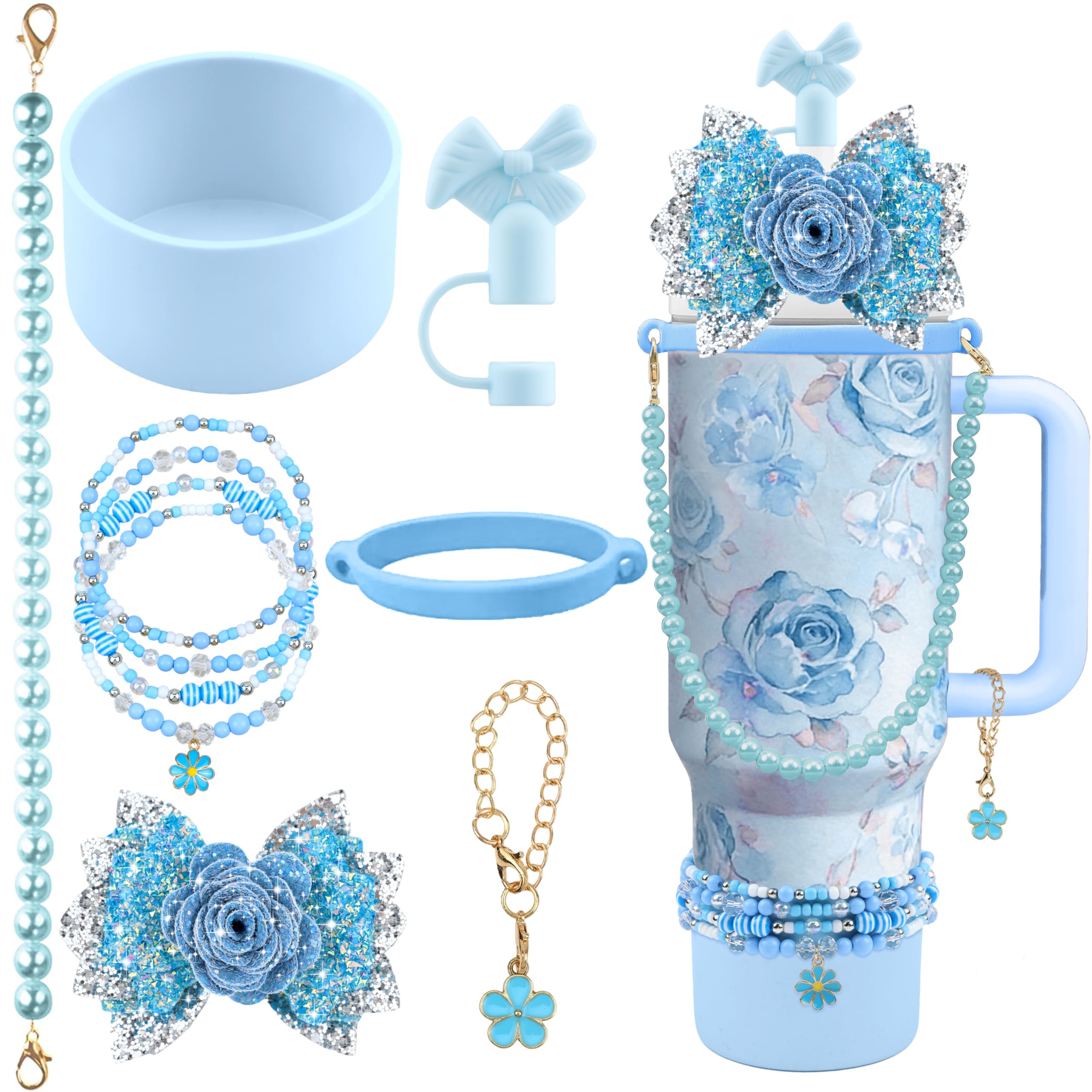 10PCS Accessories for Stanley Cup 40oz&30oz Tumbler Accessories including Cute Blue Bow Straw Topper Cover Stanley Boot Pearl Water Bottle Handle Strap Bracelet Y2K Blue Bow Flower Charms Pedant-image-34