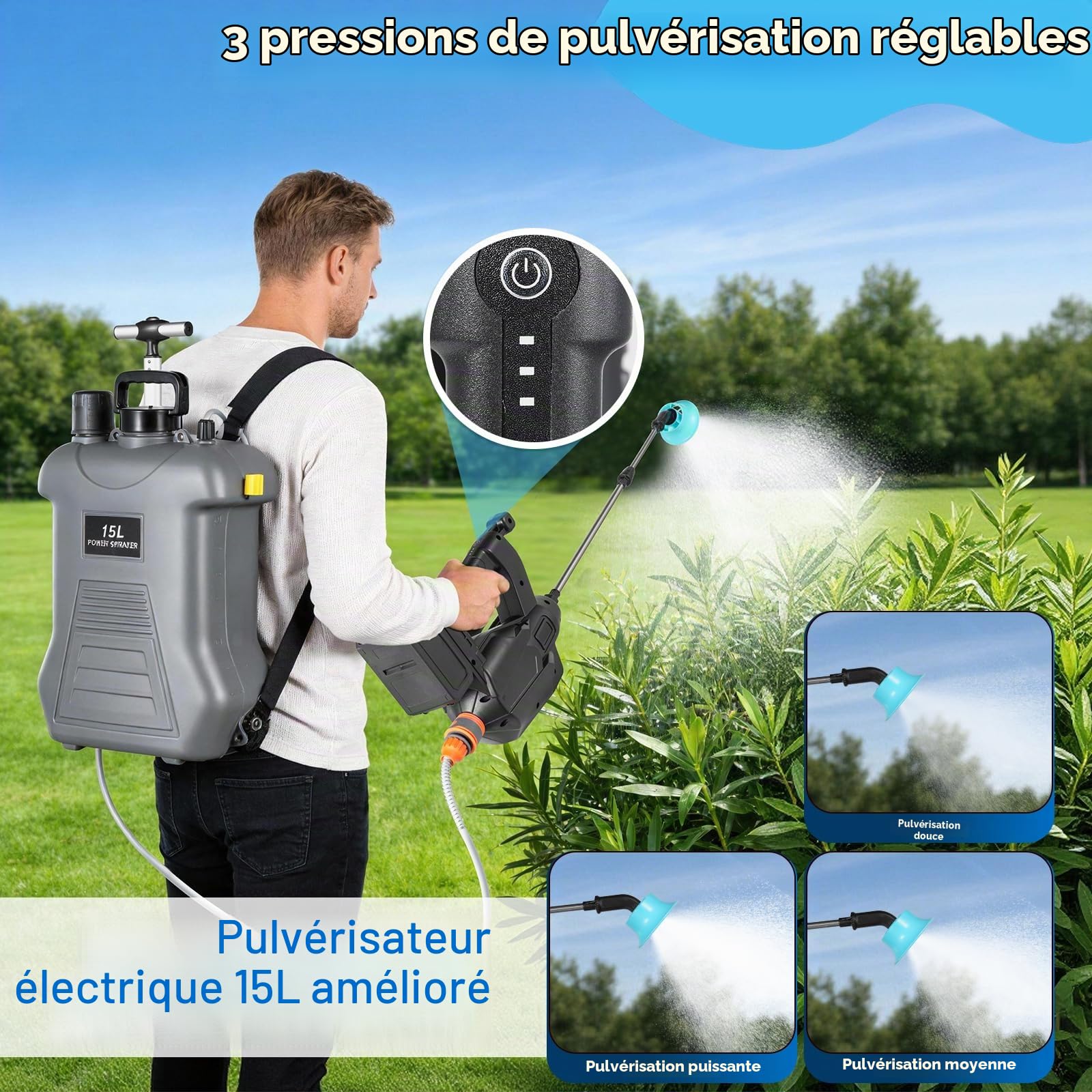 Pulvérisateur Électrique à Batterie 15L sur Roues, Pulvérisateur de Jardin à Dos Compatible avec Batterie 18V, 3 Vitesses de Pression, Lance Télescopique en INOX pour Désinfection et Arrosage