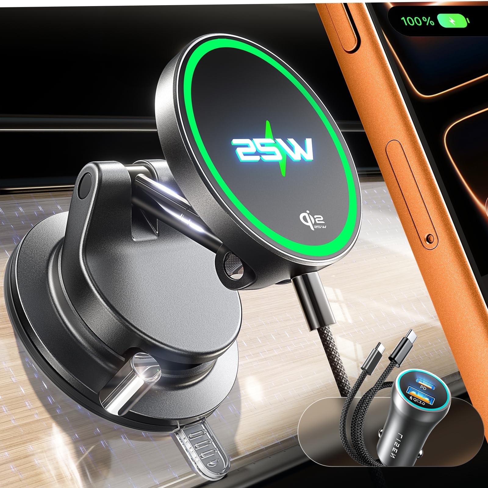 LISEN Qi2.2 25W Magsafe Car Mount Charger, [Gifts for Men] Fast Wireless Car Charger, Car Phone Holder,Phone Holders for Your Car Vacuum Magnetic Phone Charger for iPhone 17 Pro Max 16-12