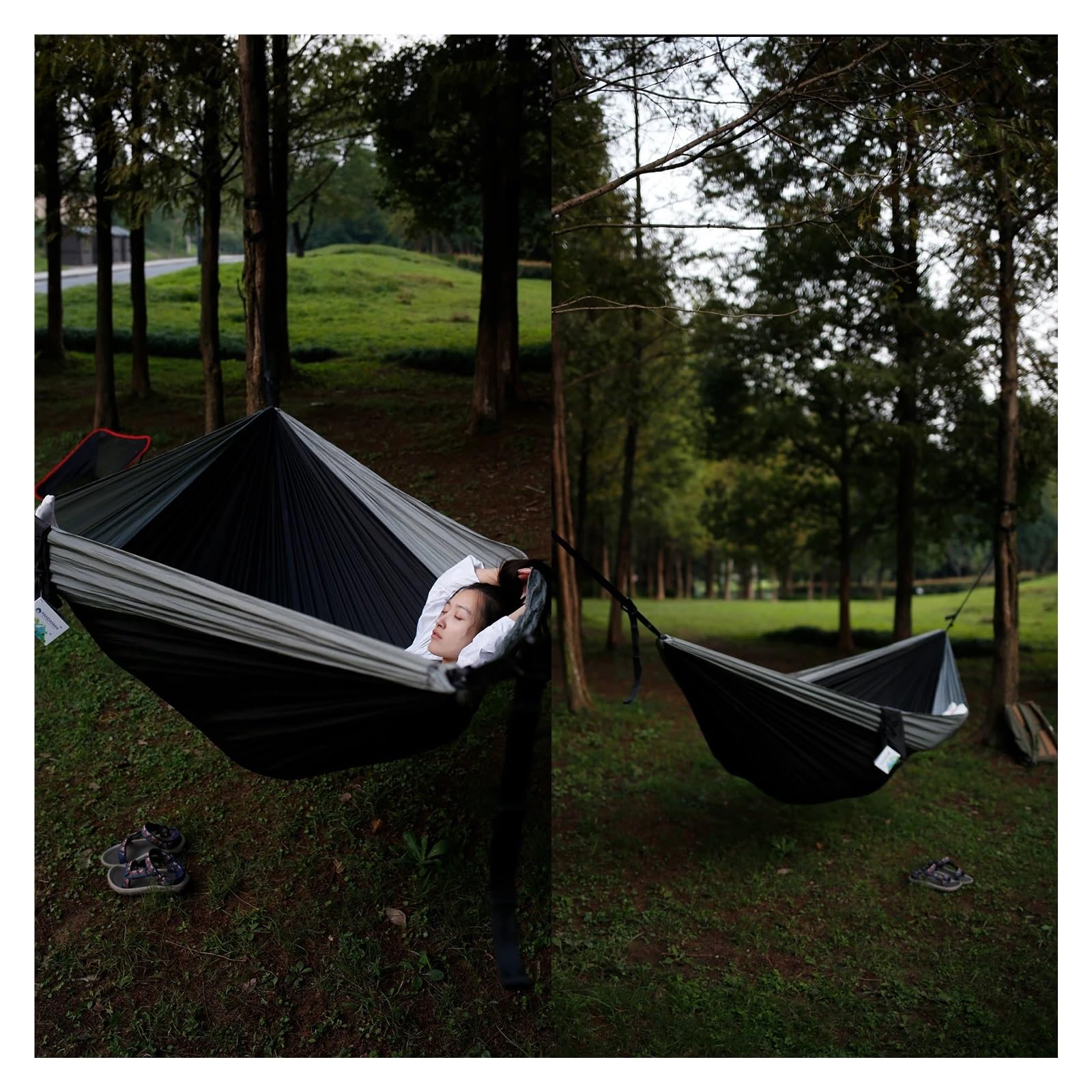 Amaca in nylon da campeggio all'aperto, tessuto leggero e portatile for paracadute singolo e doppio con 2 cinghie for albero