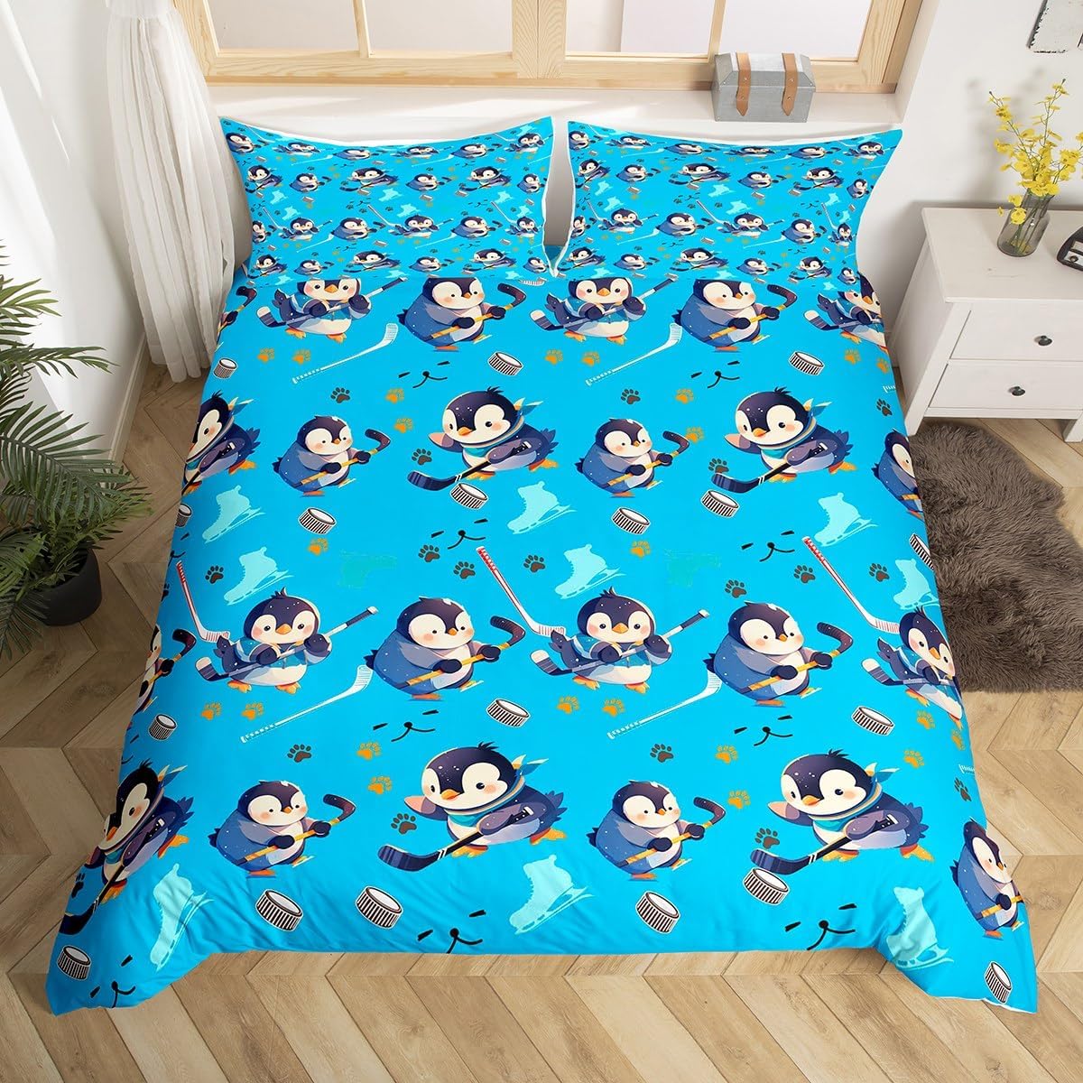 Kawaii Polar Bear Duvet Cover Set Toddler Size,Winter Ice Hockey Skate Sports Games Bedding Set,Boys Girls Room Decor,Cartoon Animal Paws Print Comforter Cover,Black Quilt Cover,1 Pillowcase,No Filler