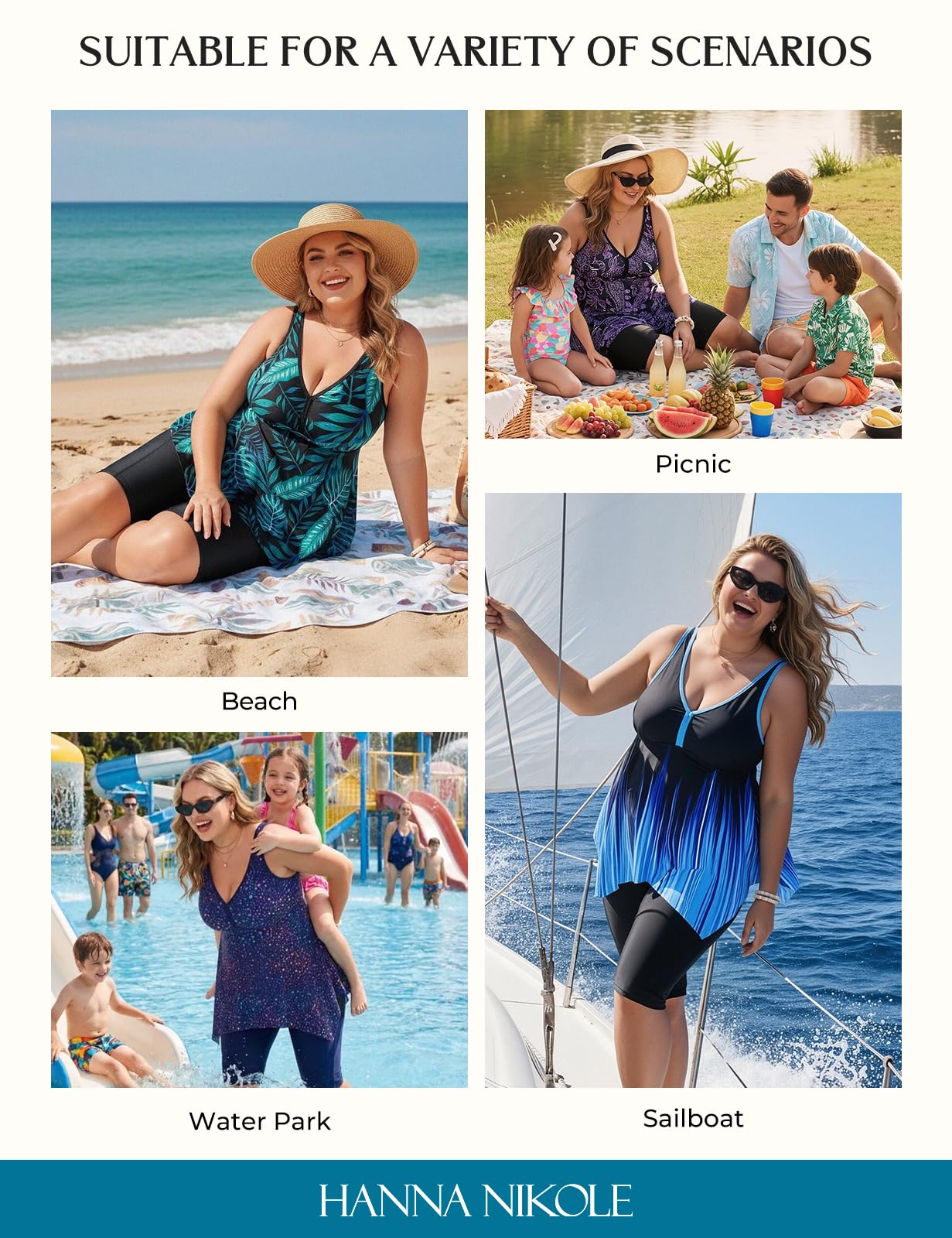 Hanna Nikole Tankini pour femme - Grandes tailles - Push Up - Deux pièces - Col en V - Ourlet irrégulier - Haut avec short de bain