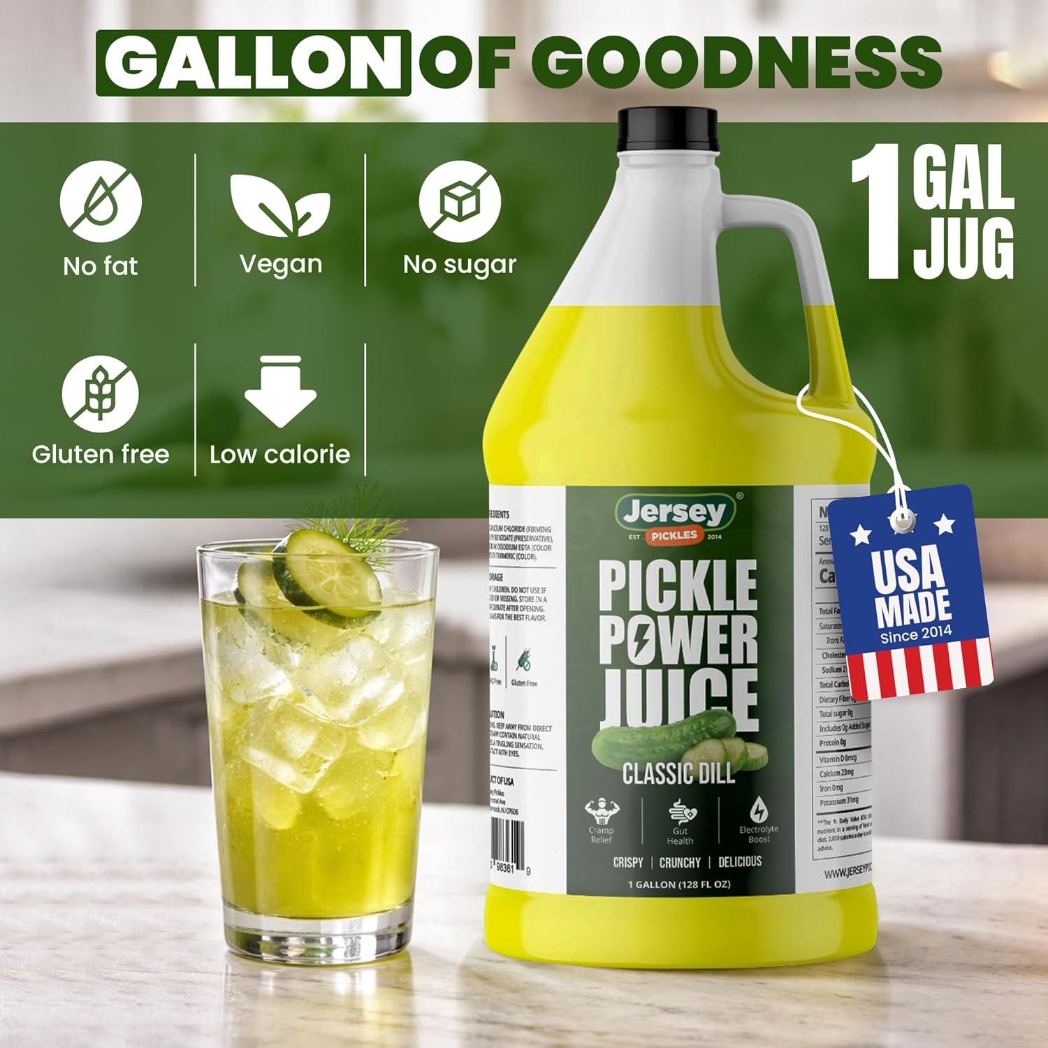 Jersey Pickles – Pickle Power Juice Classic Dill | Pickle Juice with Electrolytes for Hydration | Vegan, Gluten Free (2 Gallon, Classic Dill)