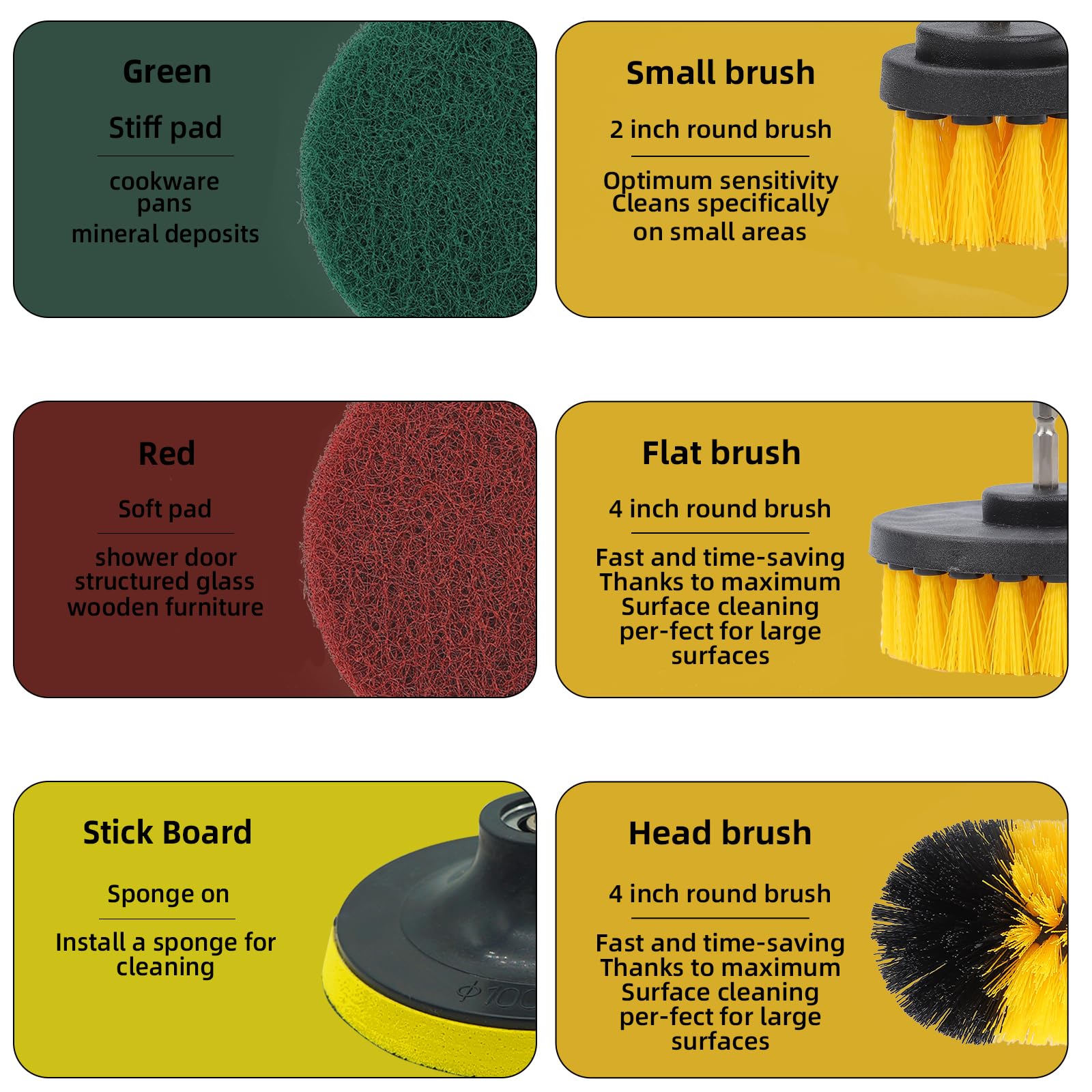 Bohrmaschinenbürsten Set 6 Stück Power Scrubber Reinigung Kit Auto Küchen Fliesen Teppiche Bohrmaschine Akkuschrauber Bürste Drill Brush Befestigung (Bohrmaschine Nicht enthalten)