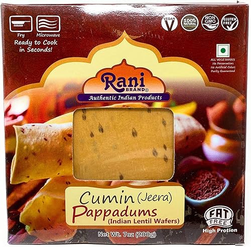 Rani Pappadums (bocadillo de oblea de lentejas indias) Jeera (comino) Papad de 7 onzas (7.05oz) aproximadamente 15 unidades, 7 pulgadas Todo