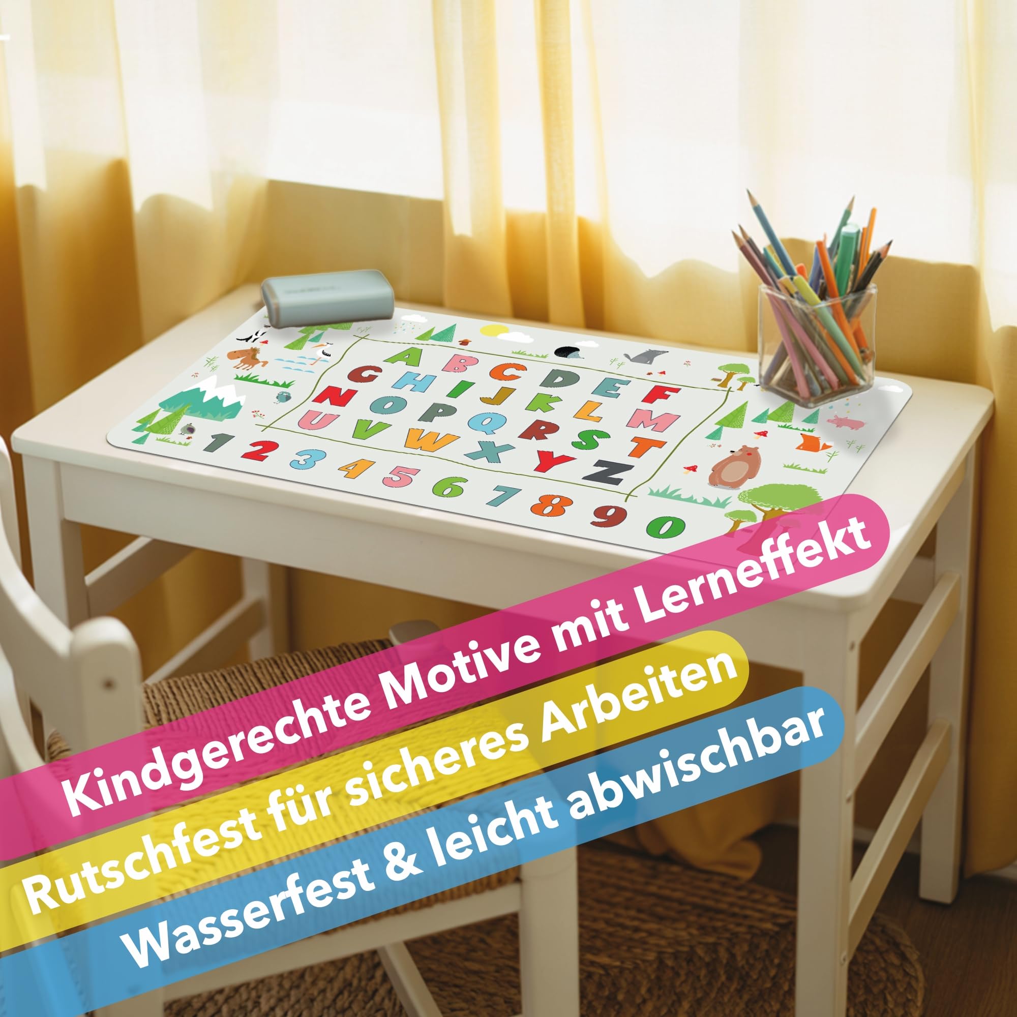 Lineo® Alfombrilla de escritorio para niños – Protector de mesa resistente al agua y antideslizante, superficie educativa para escribir, dibujar y estudiar (Abecedario de animales 70x40 cm)
