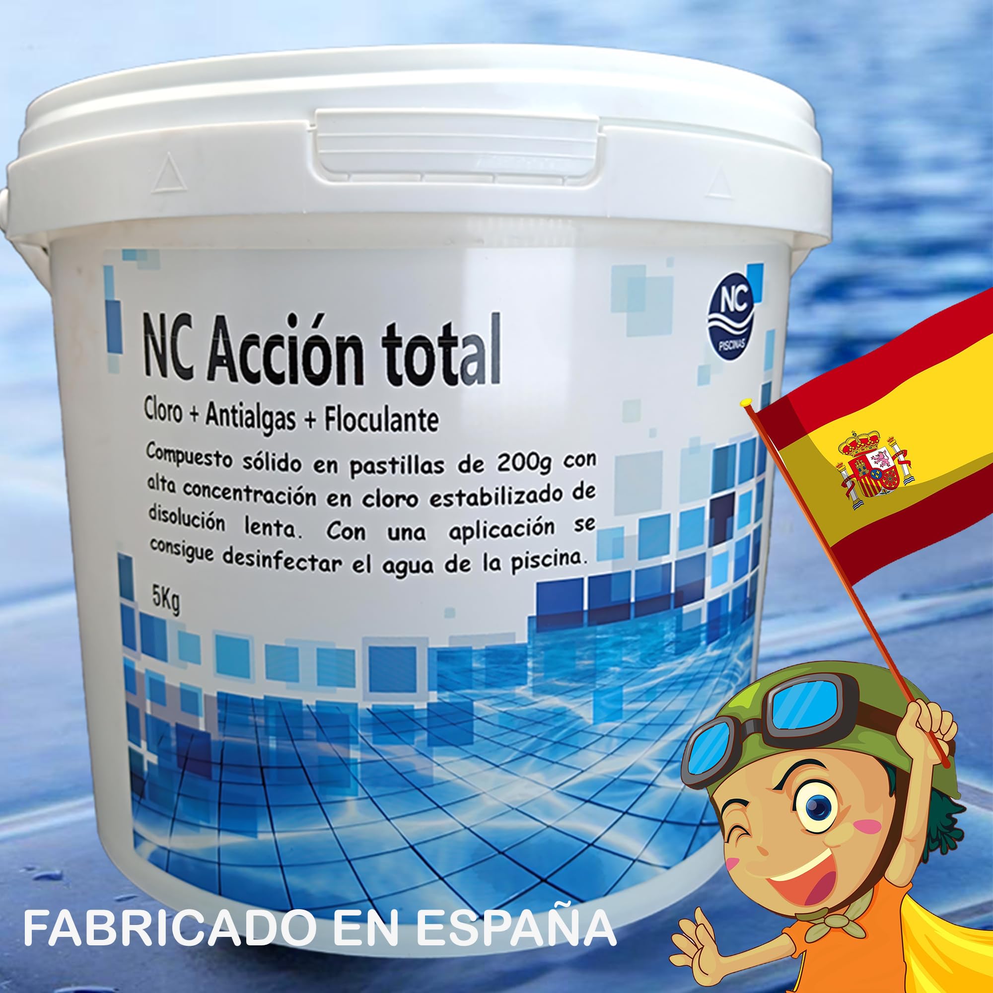 NC Pastillas de Cloro multifunción para Piscina 5 kg | Disolución lenta, 5 en 1: desinfectante, alguicida, bactericida, floculante y estabilizante, Fabricado en España