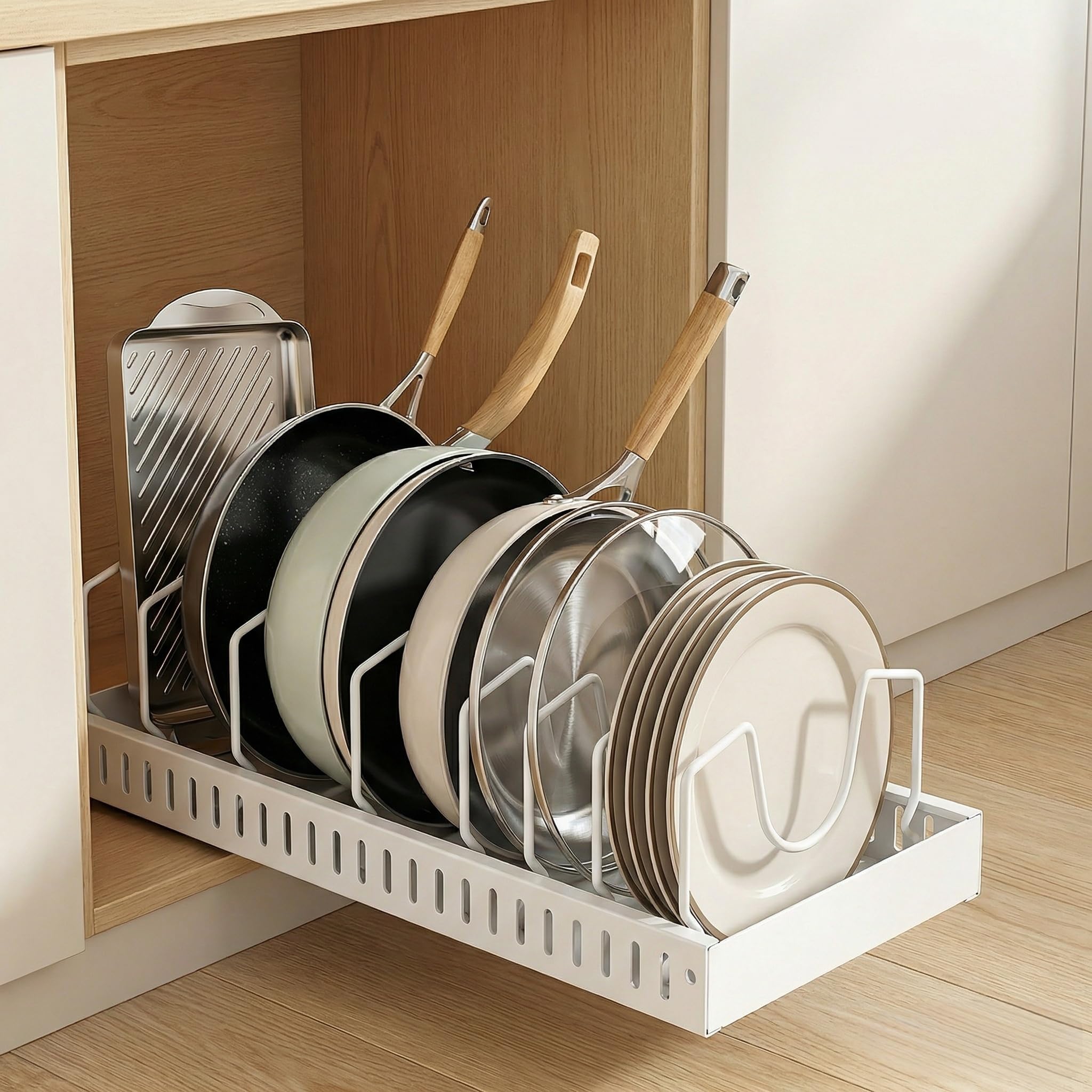 Porta Coperchi Pentole Scorrevole Portapentole per Cassetto con 12 Divisori Regolabili Organizer per Pentola e Padelle Porta Coperchi Pentole Salvaspazio per Padelle e Coperchi, Bianco