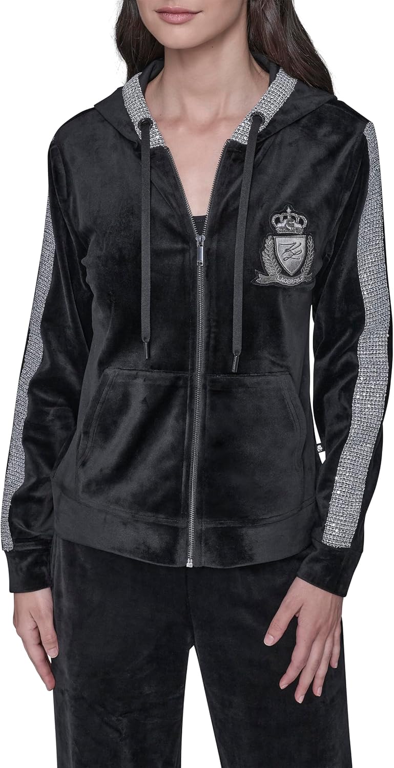 KARL LAGERFELD womens Long Sleeve Athleisure Varsity Patch Velour Jacket