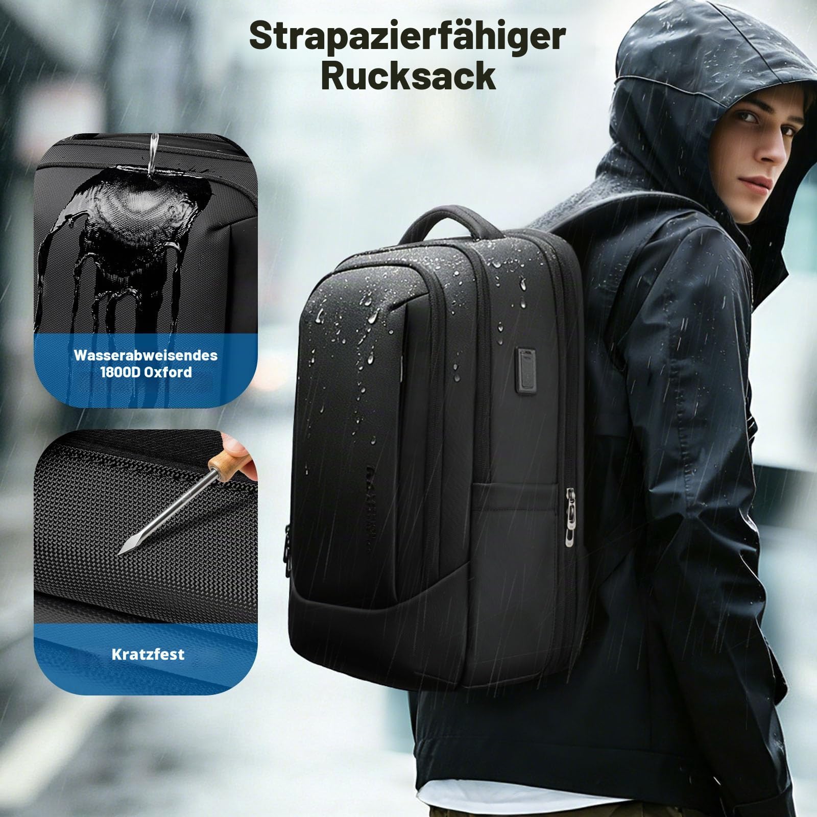 hk Business Laptop Rucksack Herren 16 Zoll 28-40L Erweiterbar | Wasserabweisender Arbeitsrucksack mit USB Ladeanschluss, Großem Stauraum für Schule, Universität und Reisen – Schwarz