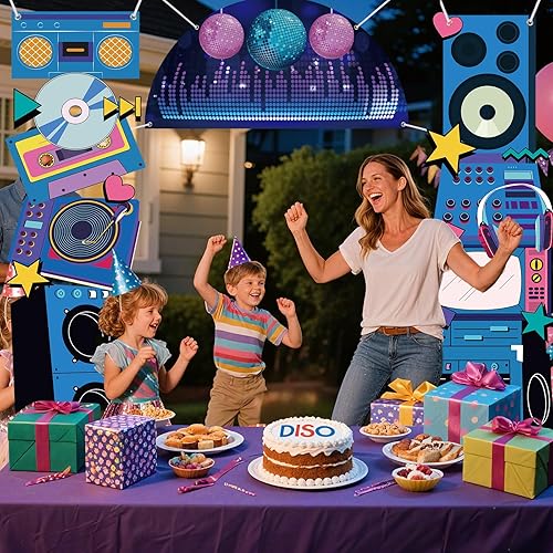 Miniatura 4 de Telón de fondo de discoteca para decoración de fiesta de cumpleaños, regreso a los años 80, 90, retro, para porche, radio, boombox, cabina de fotos,