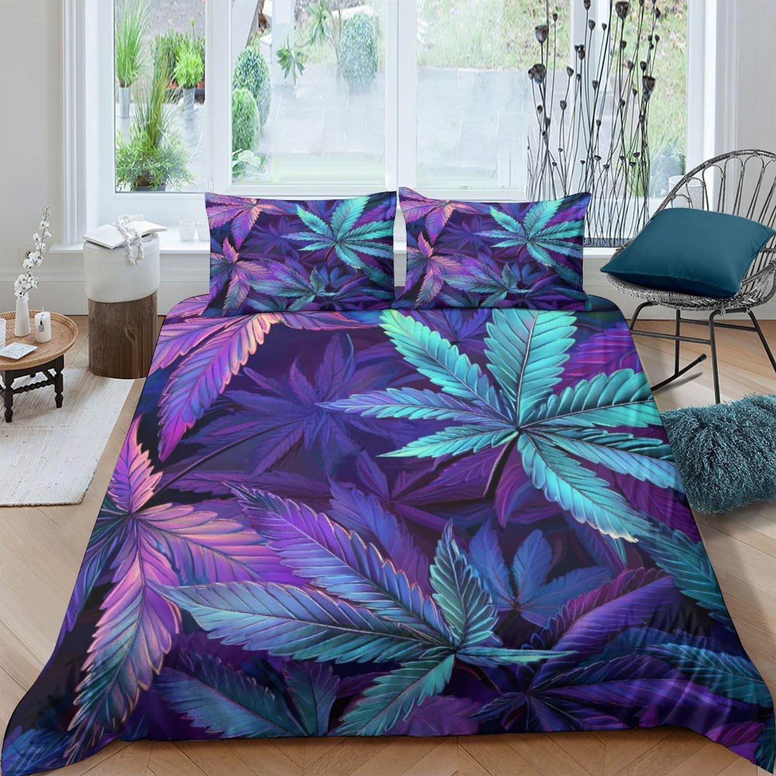 Ctjqhvkz Style-1 3D Printed Tropical Leaf Fitted Sheet Microfiber Soft Breathable Purple Botanical Mattress Cover For Bedroom Dorm Decor Single（135X200cm）