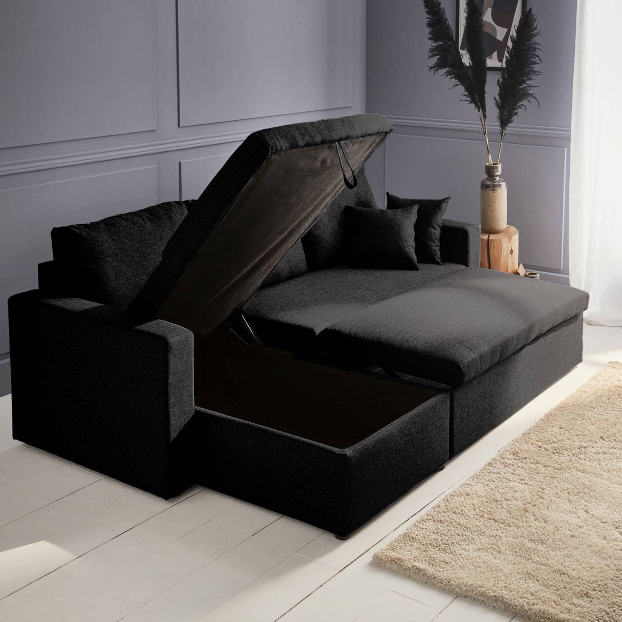 Sweeek - Canapé d'angle Convertible en Tissu Noir - IDA - 3 Places. Fauteuil d'angle réversible Coffre Rangement lit modulable