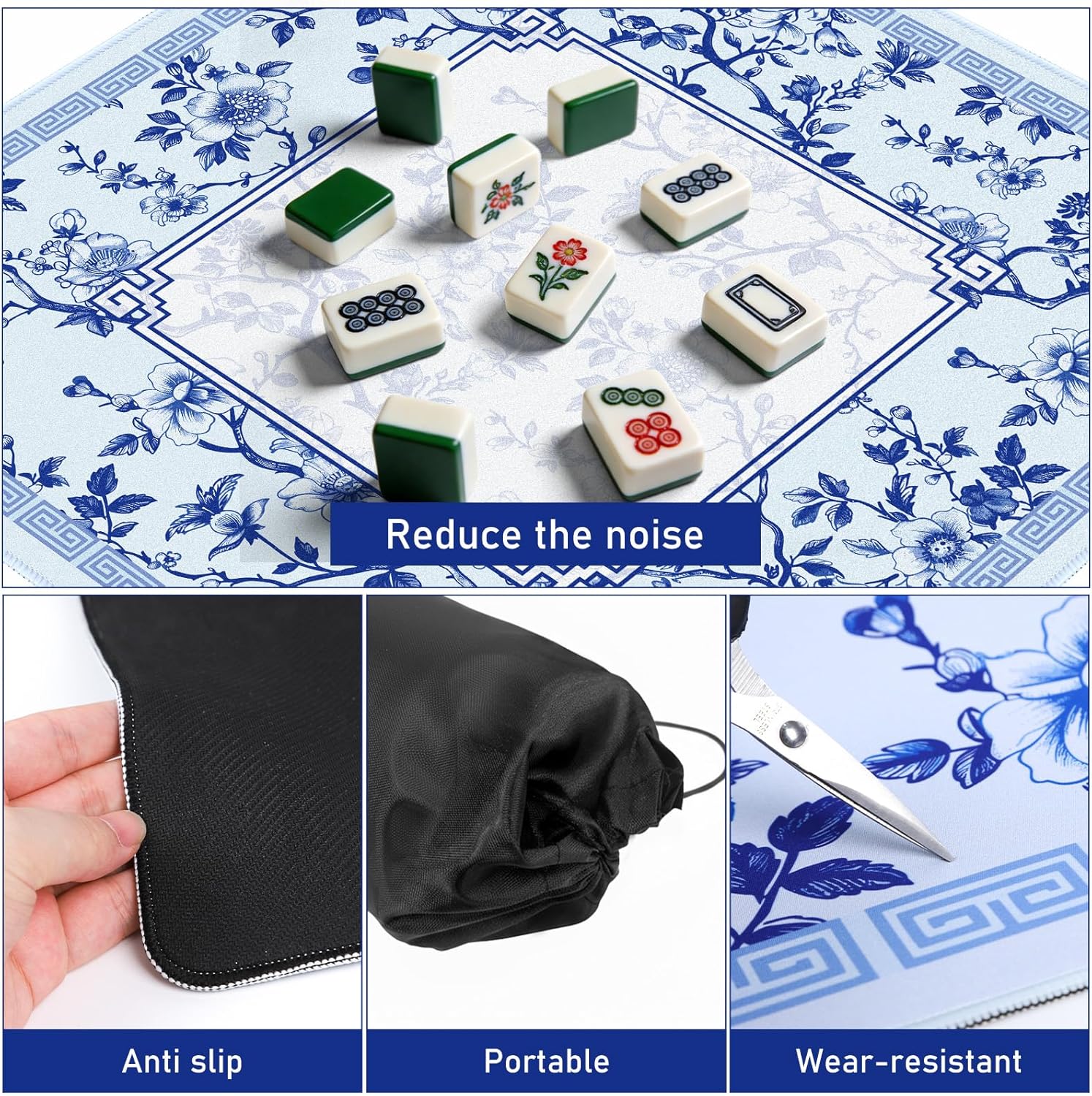 Chinoiserie Mahjong Mat for Table - Blue White Flower Rubber Mahjong Mat 31.5"X31.5" with Carrying Bag, Anti Slip Noise-Reducing Mah Jongg Table Cover for Cards Tile Games Board Games