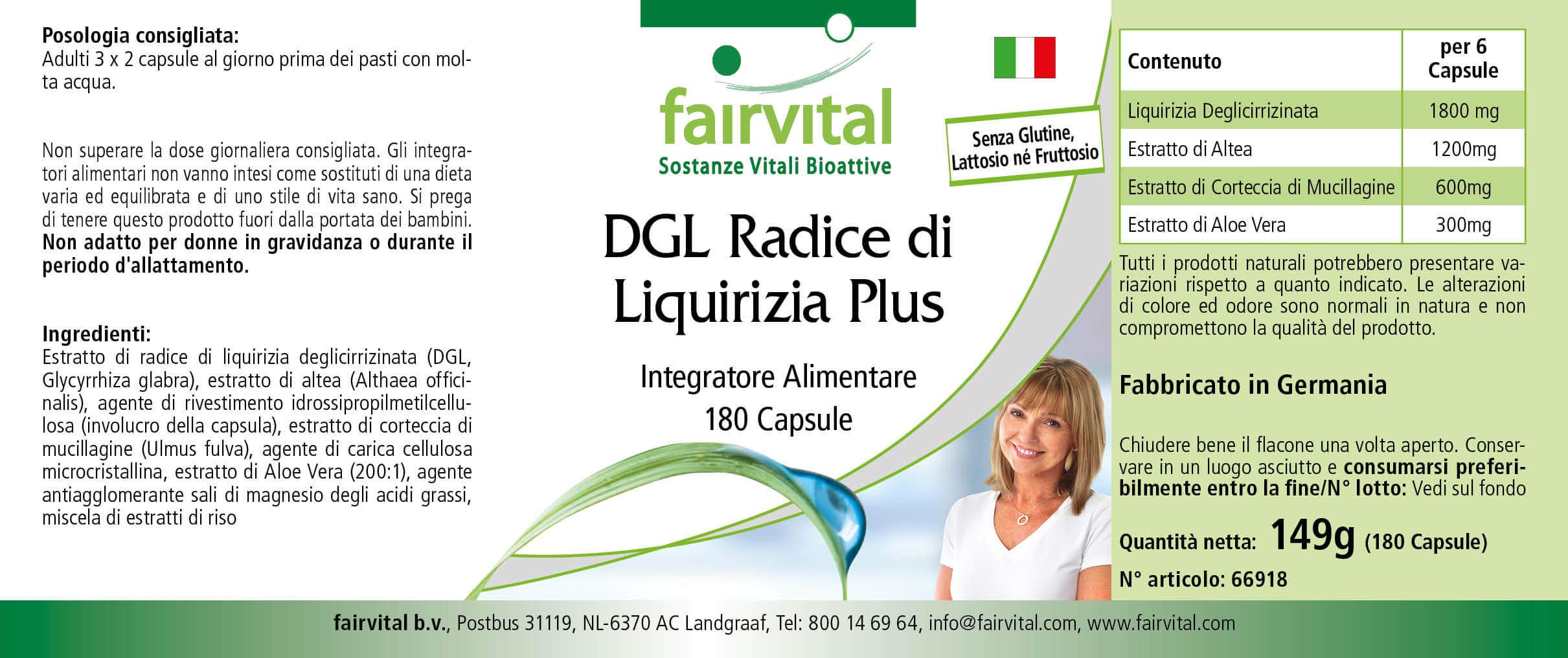 fairvital DGL Plus, 180 capsule, ALTO DOSAGGIO, VEGANO, con liquirizia, altea, olmo rosso e aloe vera