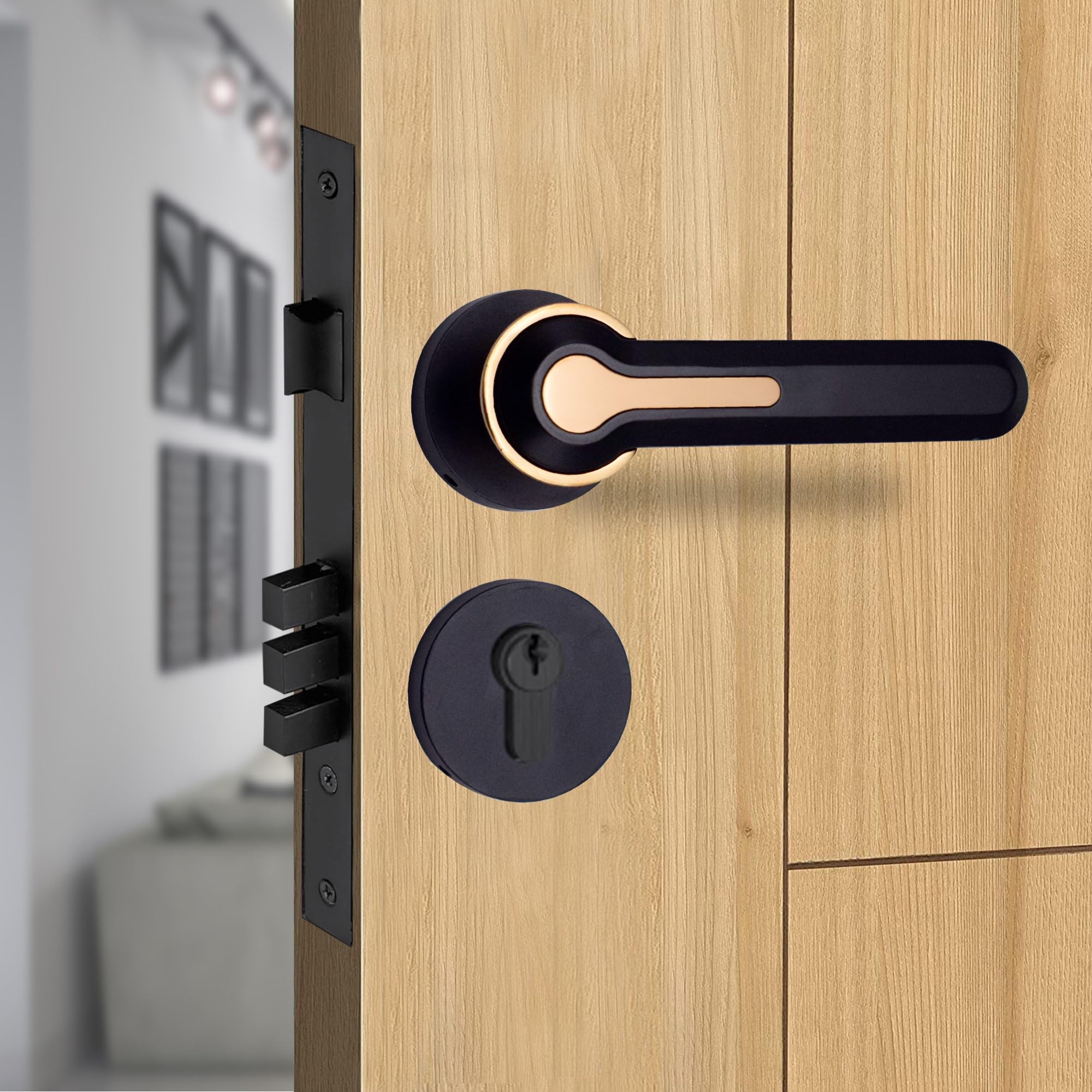 RAB Mortise Lock Handle for Main Doors, Bedroom, Living Room, Complete Set (Code- Rose 1058, Finish-Black, Rose Gold, Pack of 1 Mortise Lock Complete Set)