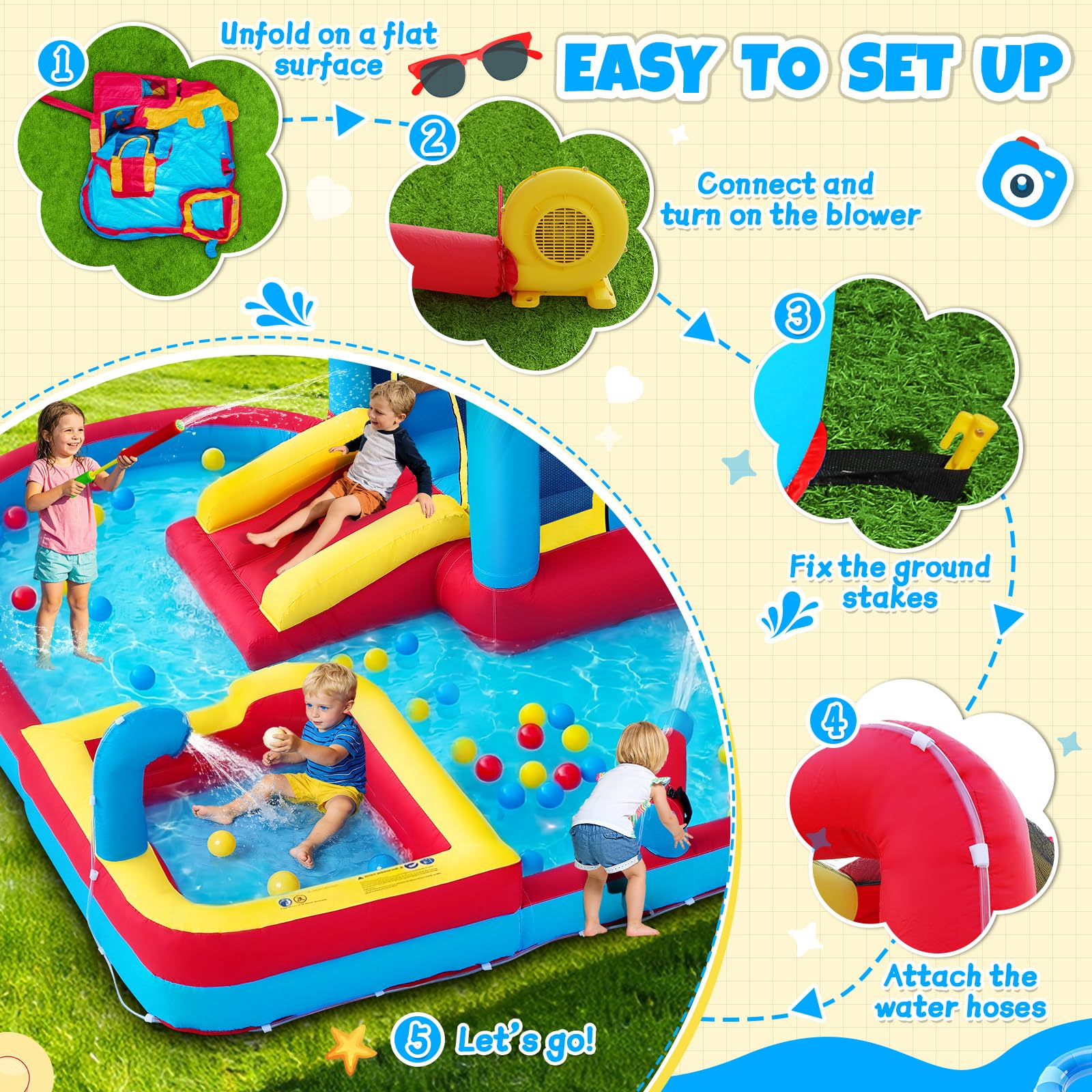 Castillo Hinchable para Niños, 8 en 1 con Soplador 480W, Tobogán Largo, Pared de Escalada, Trampolín y Zona de Chapoteo, Ideal para Uso Interior y Exterior en Vacaciones