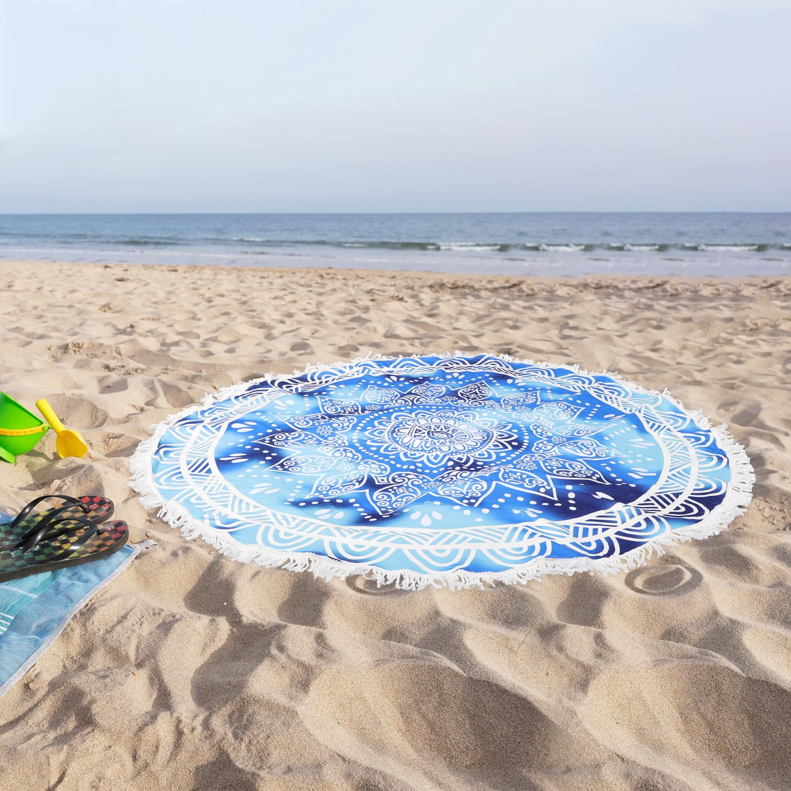 FRCOLOR Toalla de Playa Fina Redonda de Microfibra Azul, Secado Rápido