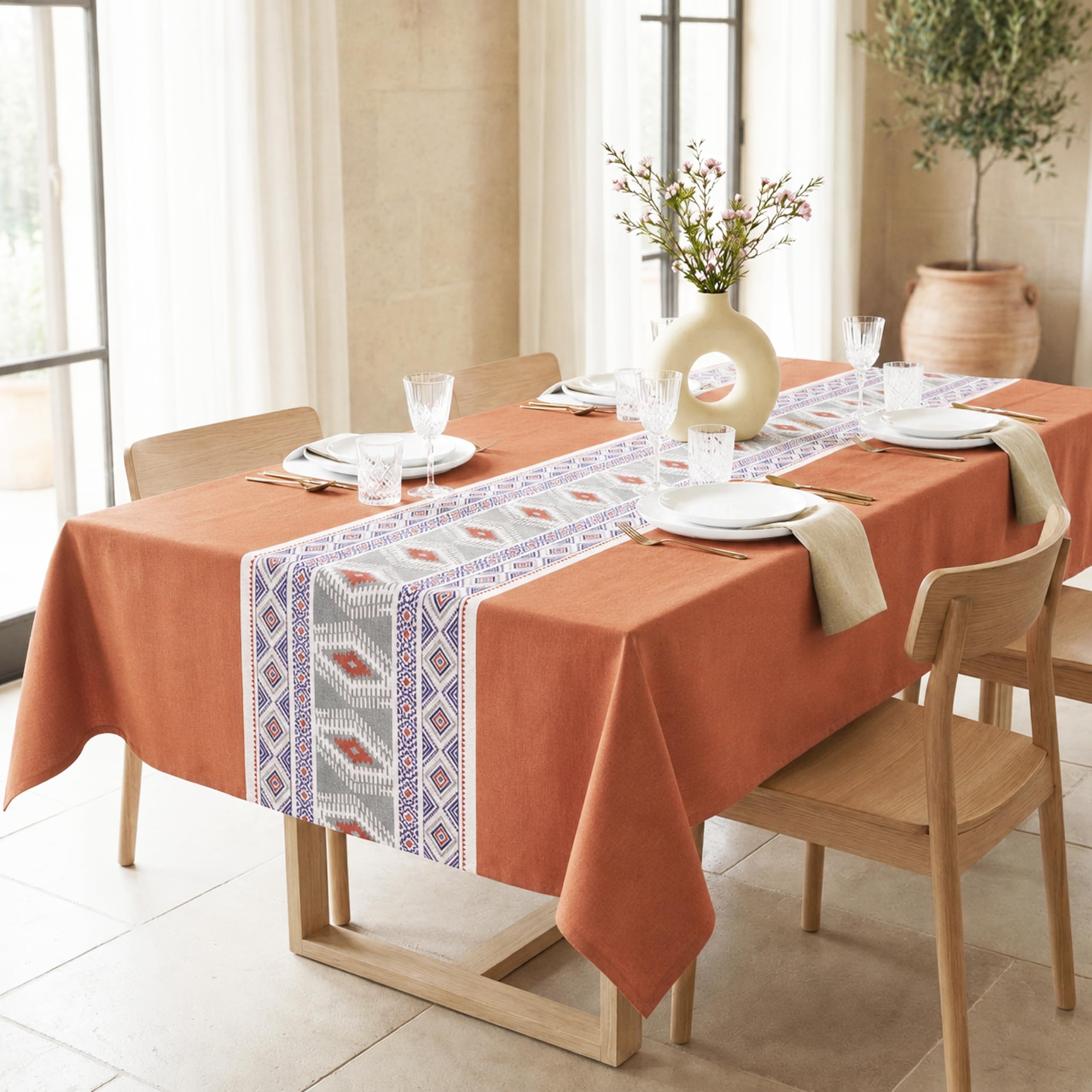Rectangular 100% Cotton Printed Table Cloth For 6 to 8 Seater Water & Stain Resistant Dining Table Cover Heavyweight, Washable Terracota Trails (230 x 150 CM)-image-17