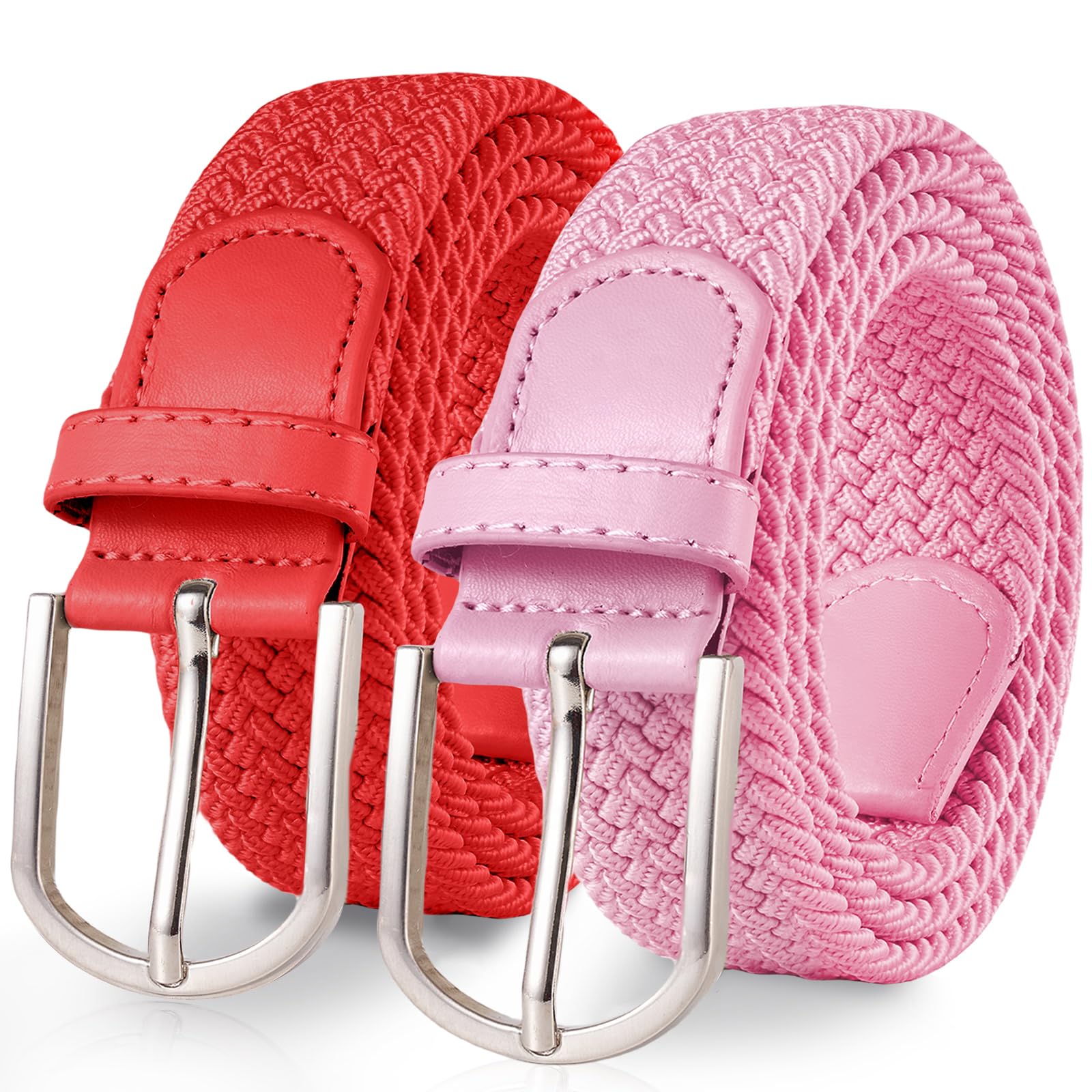 TANGCHAO 2 Stücke Stoffgürtel Stretchgürtel Elastik Flechtgürtel Geflochtener und Elastischer Dehnbarer Gürtel für Damen und Herren Breite 3.3cm Rot+Rosa 105cm
