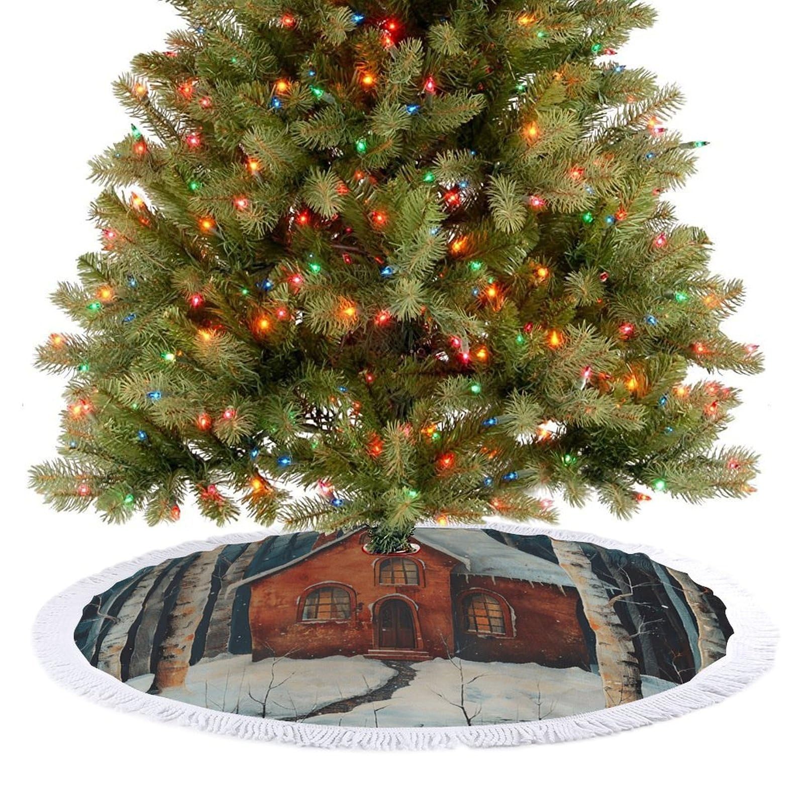 Winter Pictures Christmas Tree Skirt 48" Rustic Xmas Tree Mat with Tassel Ornament Christmas Trees Cover Skirt Mat for Evergreen Trees Ornament Winter Holiday Mats Decorations