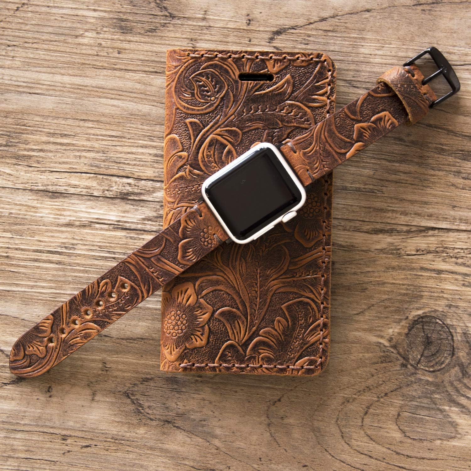 Western Tooled Floral Leather Watch Bands Personalized Name Compatible with Apple Watch 38mm 40mm 41mm 42mm 44mm 45mm Custom Distressed Brown Leather For iwatch Strap Series 8 7 6 5 4 3 2 1 Women Gift