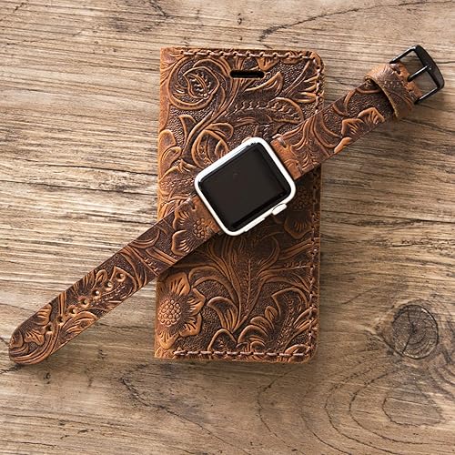 Miniatura 5 de Western Tooled Floral Leather Watch Bands Personalized Name Compatible with Apple Watch 38mm 40mm 41mm 42mm 44mm 45mm Custom Distressed Brown