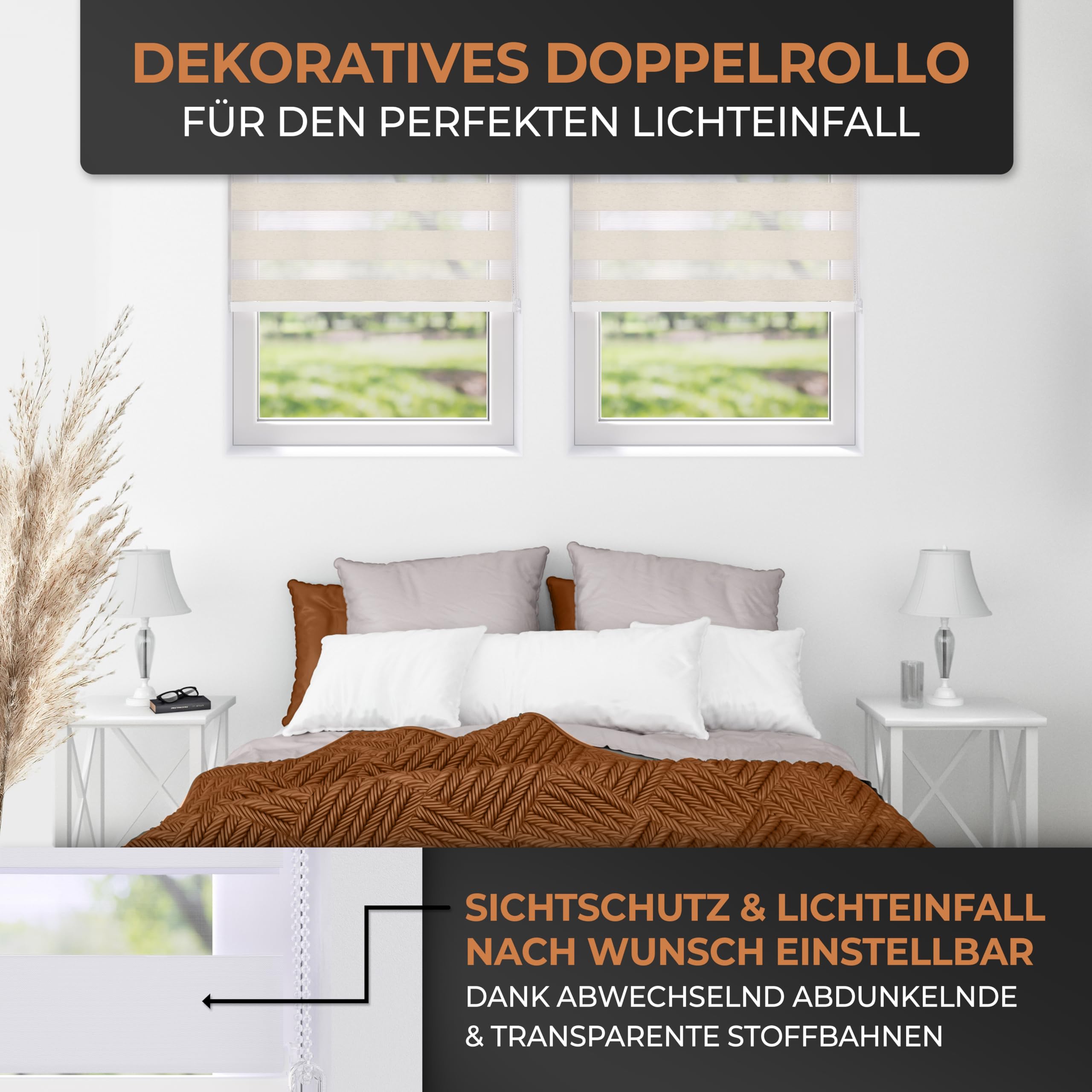 EFIXS Doppelrollo mit Kassette Montage Wand/Decke mit Bohren Breiten: 40-220, Höhe: bis 240 Hier: BxH (80 x 175) cm (Grau Struktur) Premium Duorollo, oder ohne Bohren mit Klemmhalter am PVC-Fenster