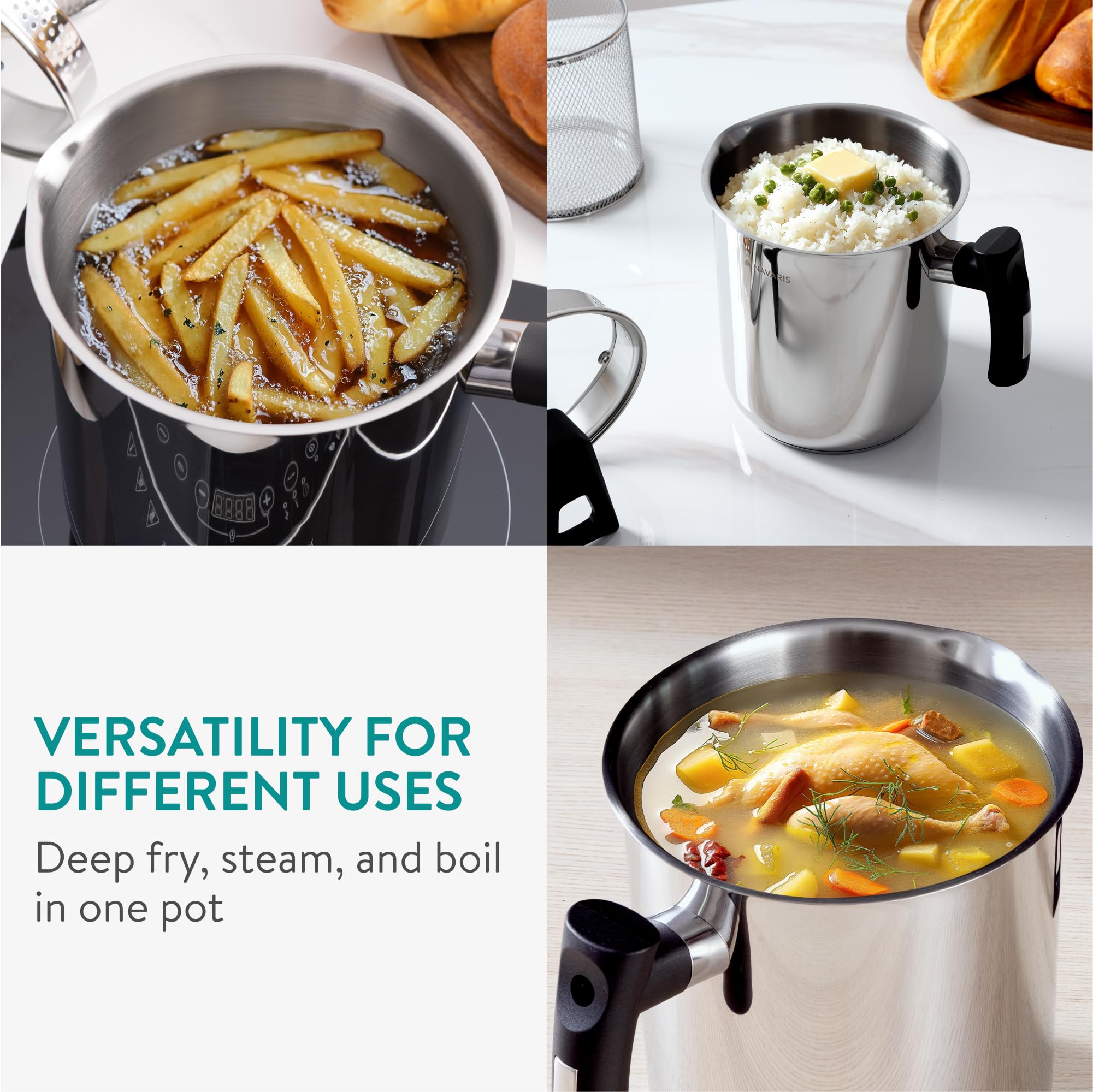 Navaris Pentola per Friggere - Pentola Friggitrice con Cestello in Acciaio Inox - 3,4 L - Cuoci Asparagi Verdure e Pasta Lunga - Spaghettiera con Scolapasta Incorporato