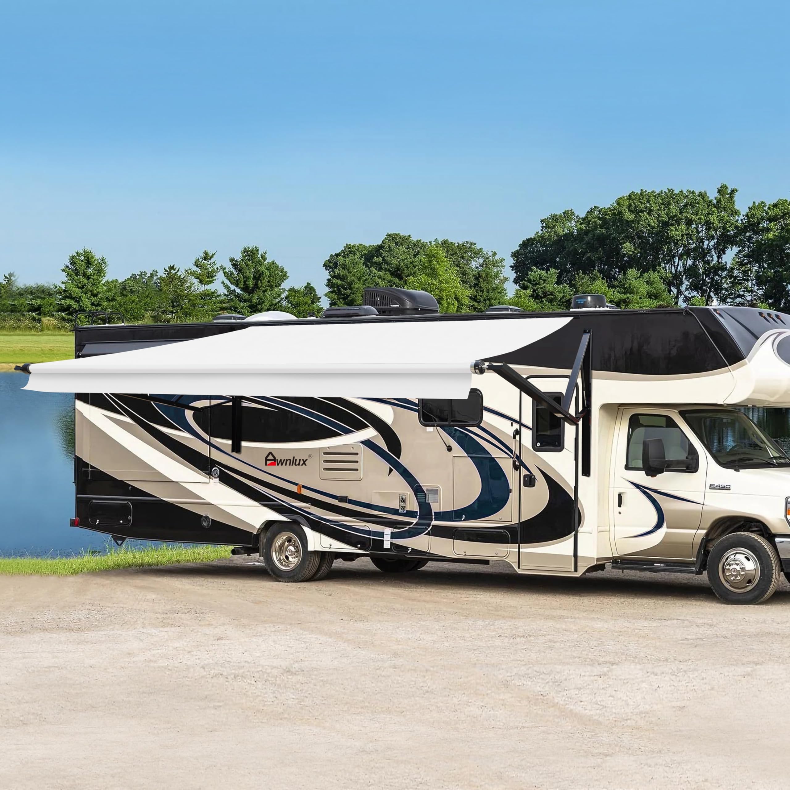 Awnlux Black Motorized Modular Retractable RV Awning Full Set Assemblies for RV, 5th Wheel, Travel Trailers, Toy Haulers, and Motorhome - RV Trailer Awning for Home or Camper - 13x8 Ft - Solid White
