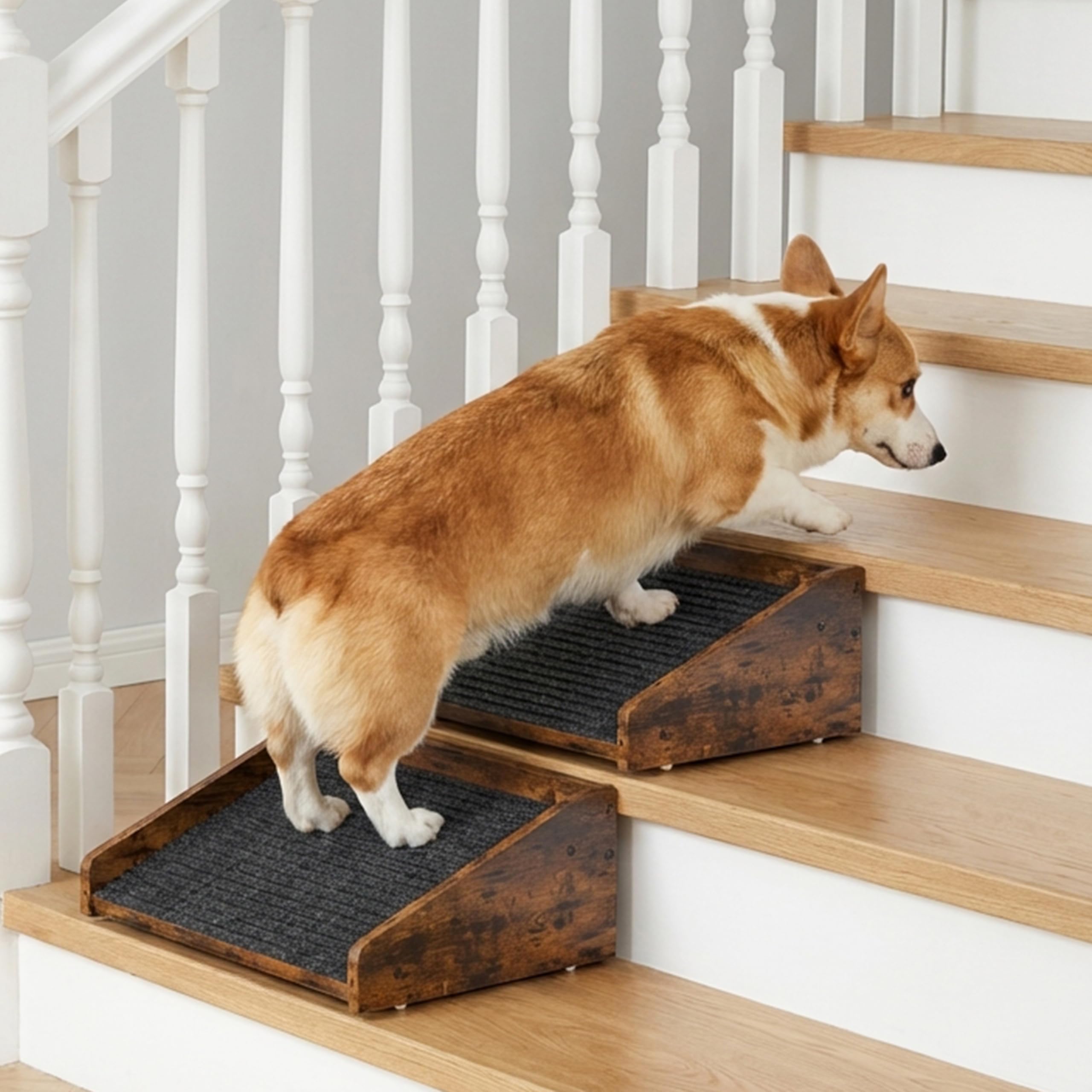 Photo 1 of Megidok 2Pcs Low-Angled Wooden Dog Ramp for Stairs, Anti-Slip Carpet Surface Pet Steps, Sturdy Indoor Pet Stairs Ramp for Small Dogs & Cats, Assist for Injured Aged Pets Fits Staircase Steps