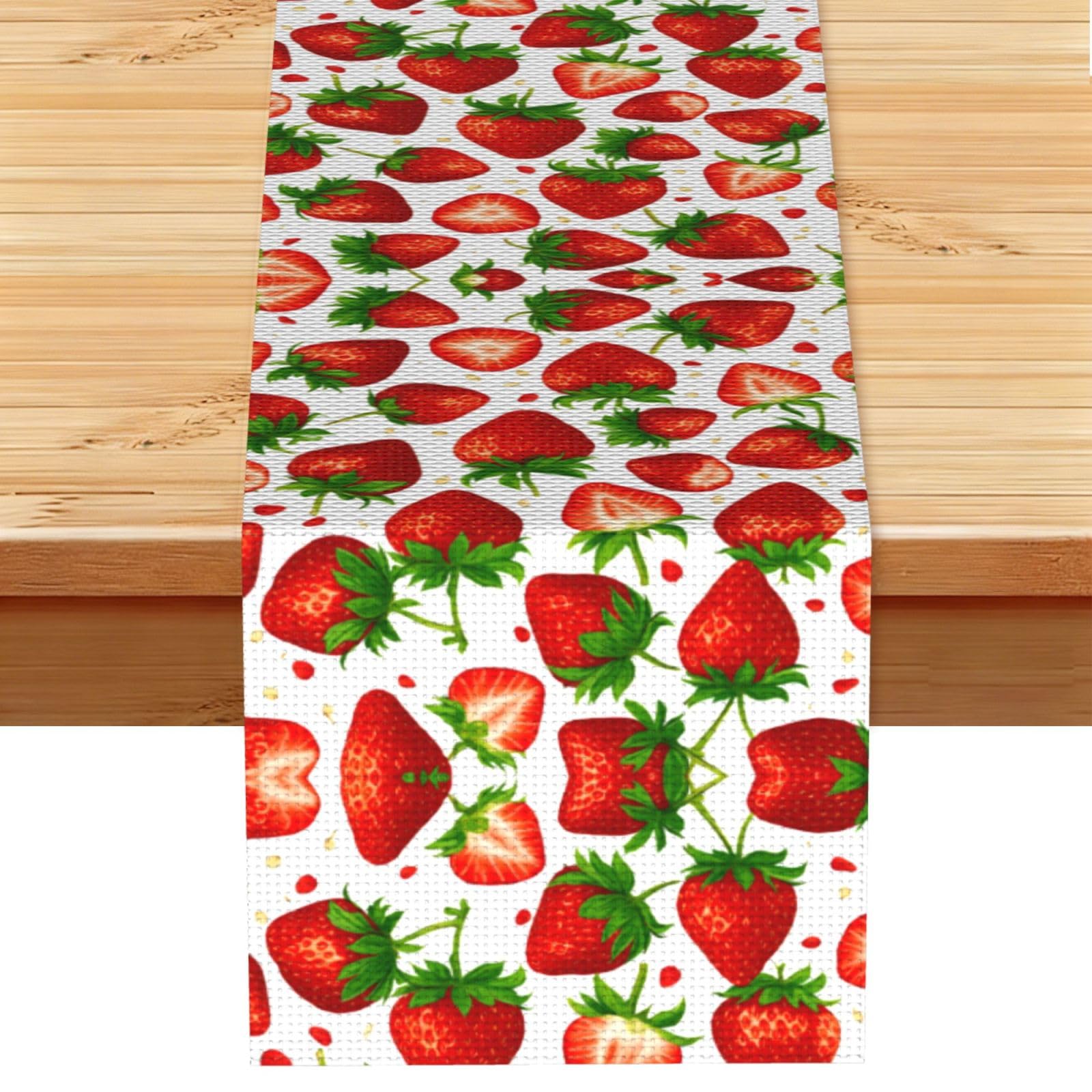Strawberry Printed Dining Table Runner 13x72 Inch, Non-Fading Decor for Kitchen Dresser Fireplace Mantel