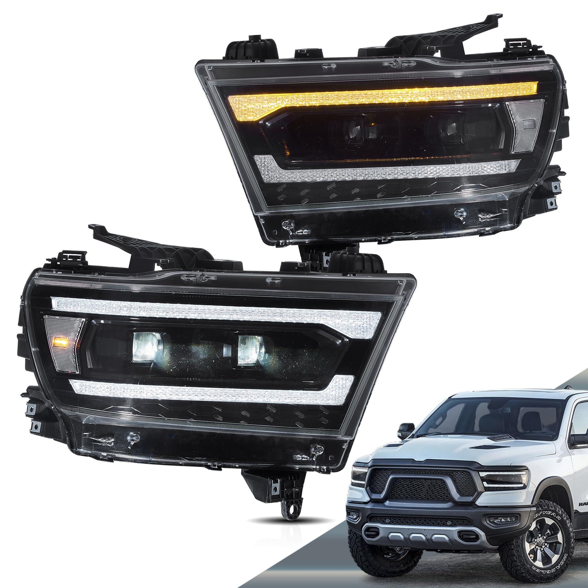 VLAND Projector Headlights Compatible with Dodge RAM 1500 New Body(NOT fit Classic Models) 2019-2023 5th Gen w/Dynamic Animation Running Light Bar w/Switchback Sold as a PAIR, Clear Reflector
