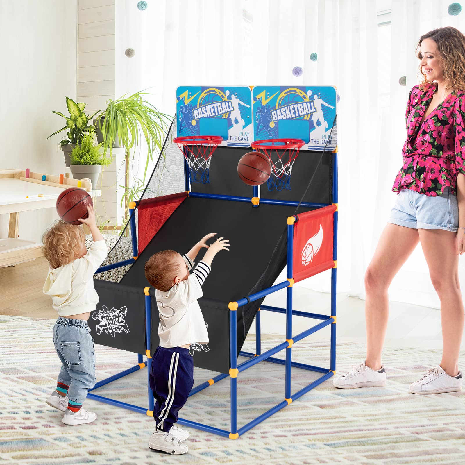 COSTWAY Arcade Basketball Spielset, Basketballständer mit 2 Körben, 4 Bällen und Pumpe, Mini Basketballkorb Outdoor Indoor, Basketballspiel 2 Spieler, Basketball Hoop Kinder Erwachsener, 140cm hoch