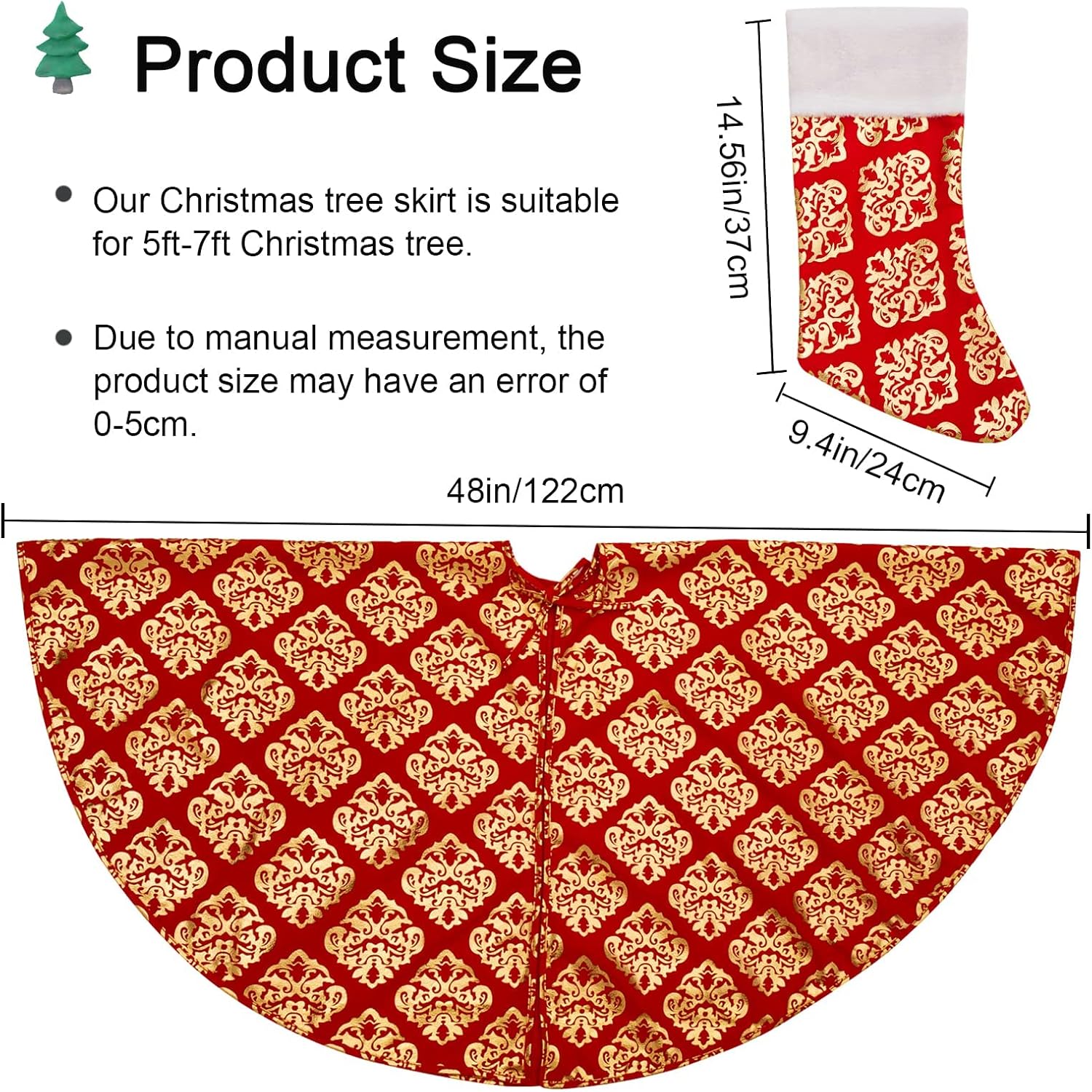 Sunshine 48 Inch Christmas Tree Skirt with Bronzing Printed Pattern, Xmas Tree Mat for Christmas Tree Decorations with 3pcs Christmas Stocking (Burgundy)
