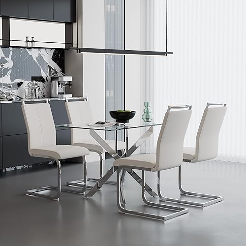 Miniatura 2 de Juego de mesa de comedor de 5 piezas, moderno juego de mesa de comedor de vidrio templado para 4 mesas de cocina con 4 sillas tapizadas para cocina