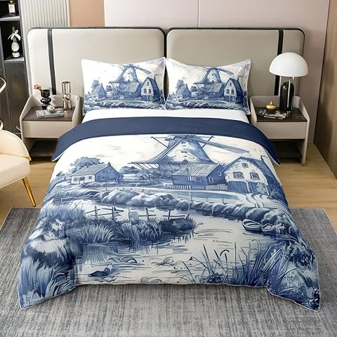 Erosebridal Vintage Dutch Windmill Comforter Cover Queen Size Delft Blue Farm Bedding Set Rustic Farmhouse Duvet Cover