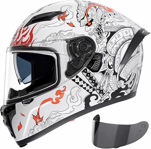 TRIANGLE Cascos de motocicleta de cara completa para adultos, hombres y mujeres, doble visera con protector solar interno aprobado por DOT (blanco