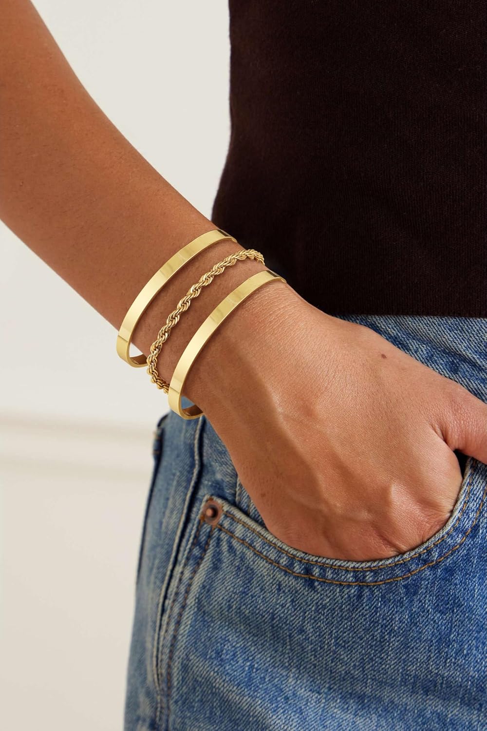 Gold Bangle Bracelets for Women, Non Tarnish Dainty 14K Gold Plated Cuff Bracelets Stackable for Women,Waterproof Bracelet Stack Gold Jewelry Gifts Trendy Adjustable Accessories - Image 4