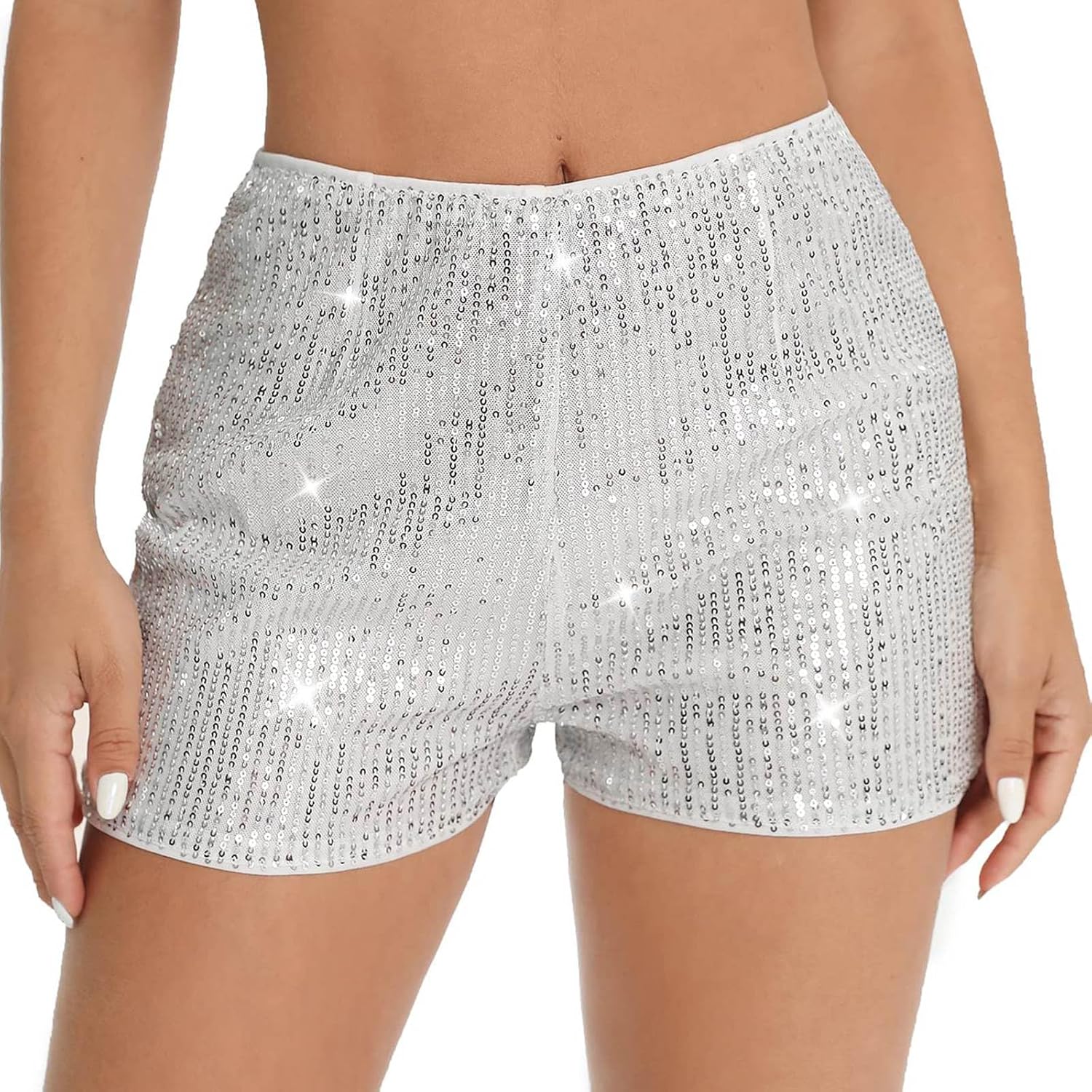 Women's Sparkly Sequin Shorts Trendy Rave Party Concert Sparkle Glitter Micro Shorts High Waisted Disco Outfits Sliver X-Large