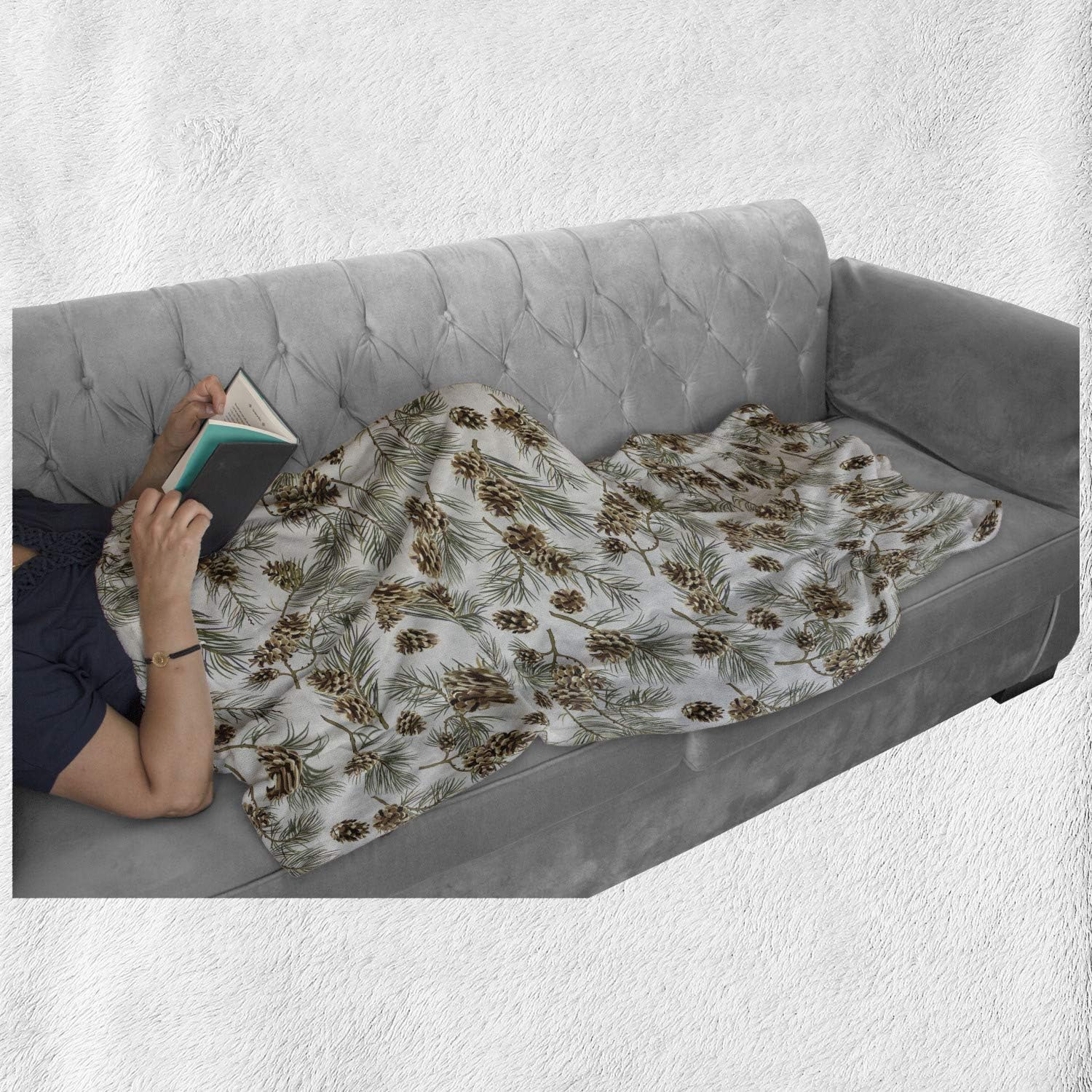 Lunarable Pinecone Throw Blanket, Scenery Illustration of Hand Painted Pine Tree Branches and Sepia Cone, Flannel Fleece Accent Piece Soft Couch Cover for Adults, 50" x 70", Sage Green Brown