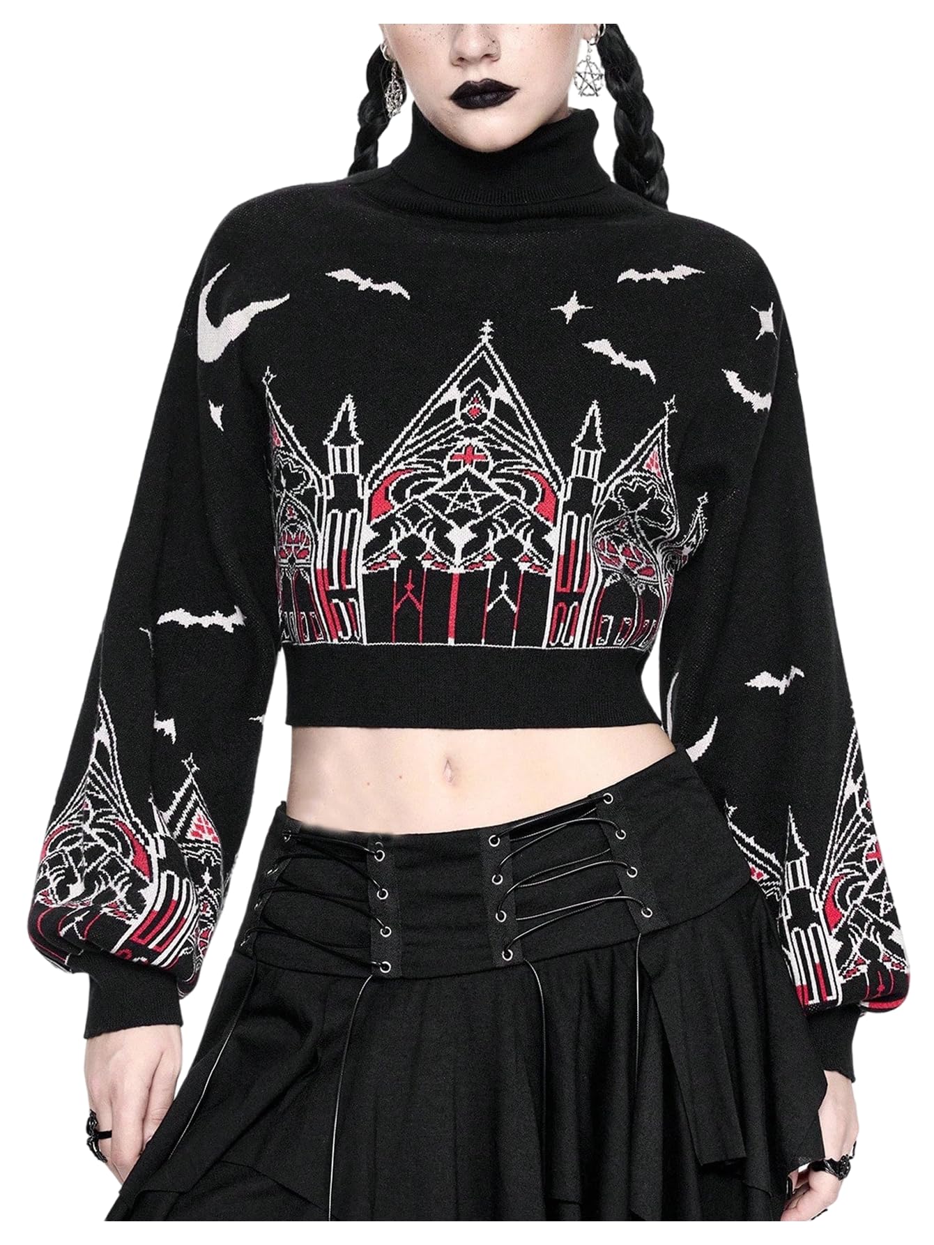 SweatyRocks Womens Gothic Graphic Turtle Neck Crop Sweater Lantern Sleeve Loose Knit Pullover Tops