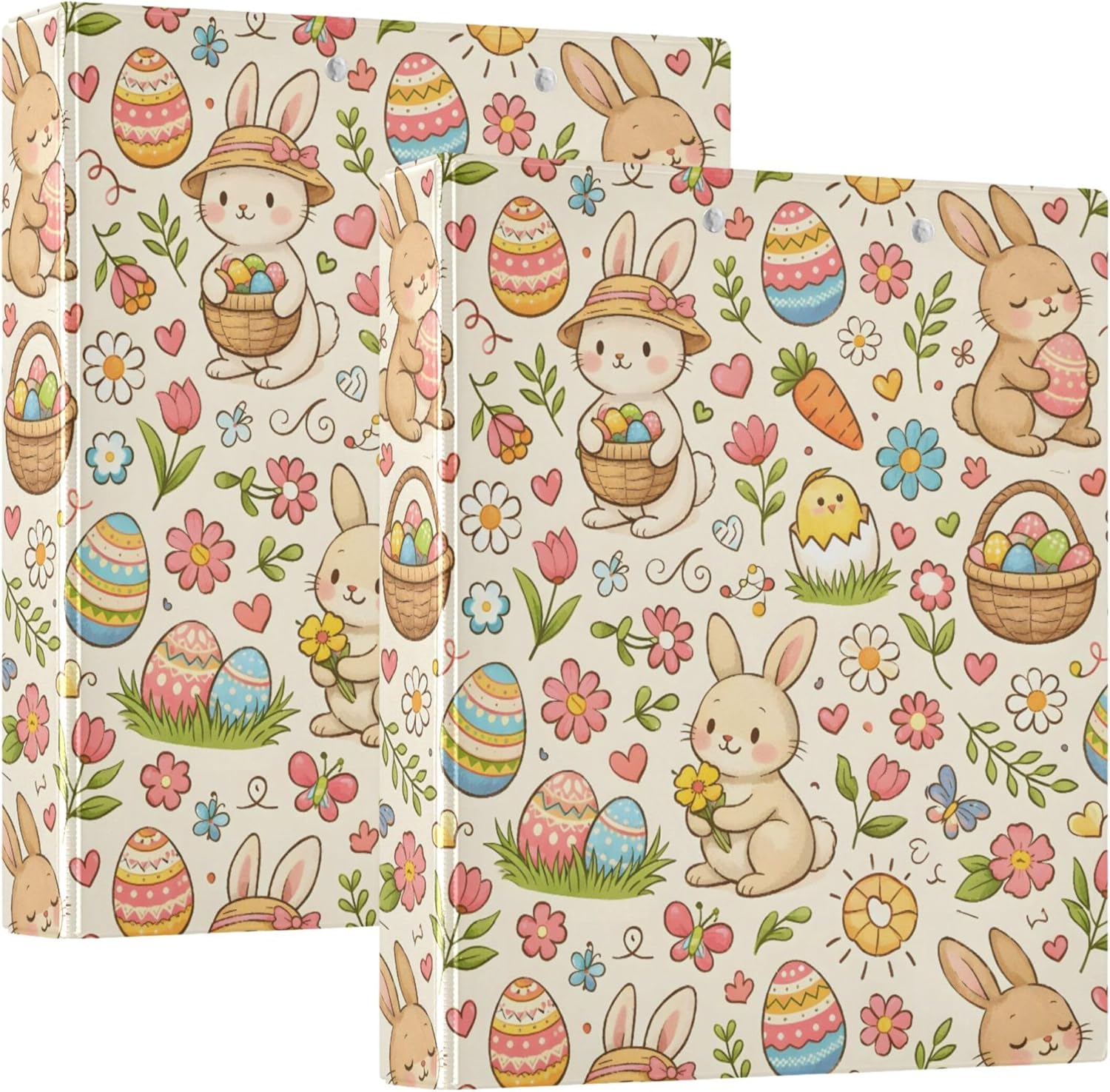 Cartoon Easter Bunny Eggs 3 Ring Binders, 1.5” Round Ring Binders with Clipboard - Letter Size, 3 Interior PVC Clear Pockets & Anti-Slip Clip for Office School Supplies, 2PCS