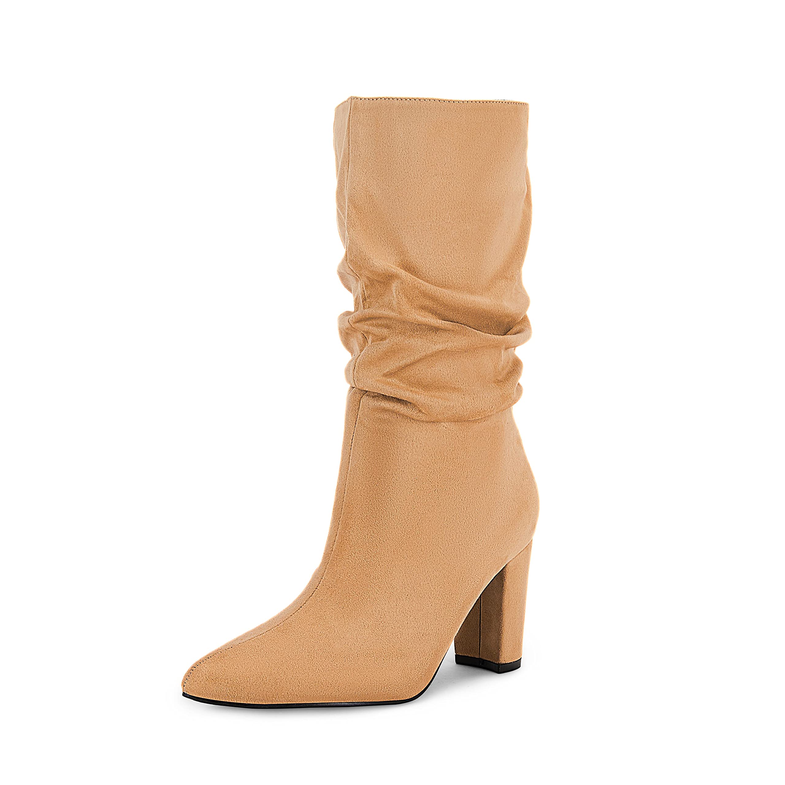 Syktkmx Womens Mid Calf Dress Boots Slouchy Pointed Toe Fall Winter Chunky Block High Heel Slip on Boots