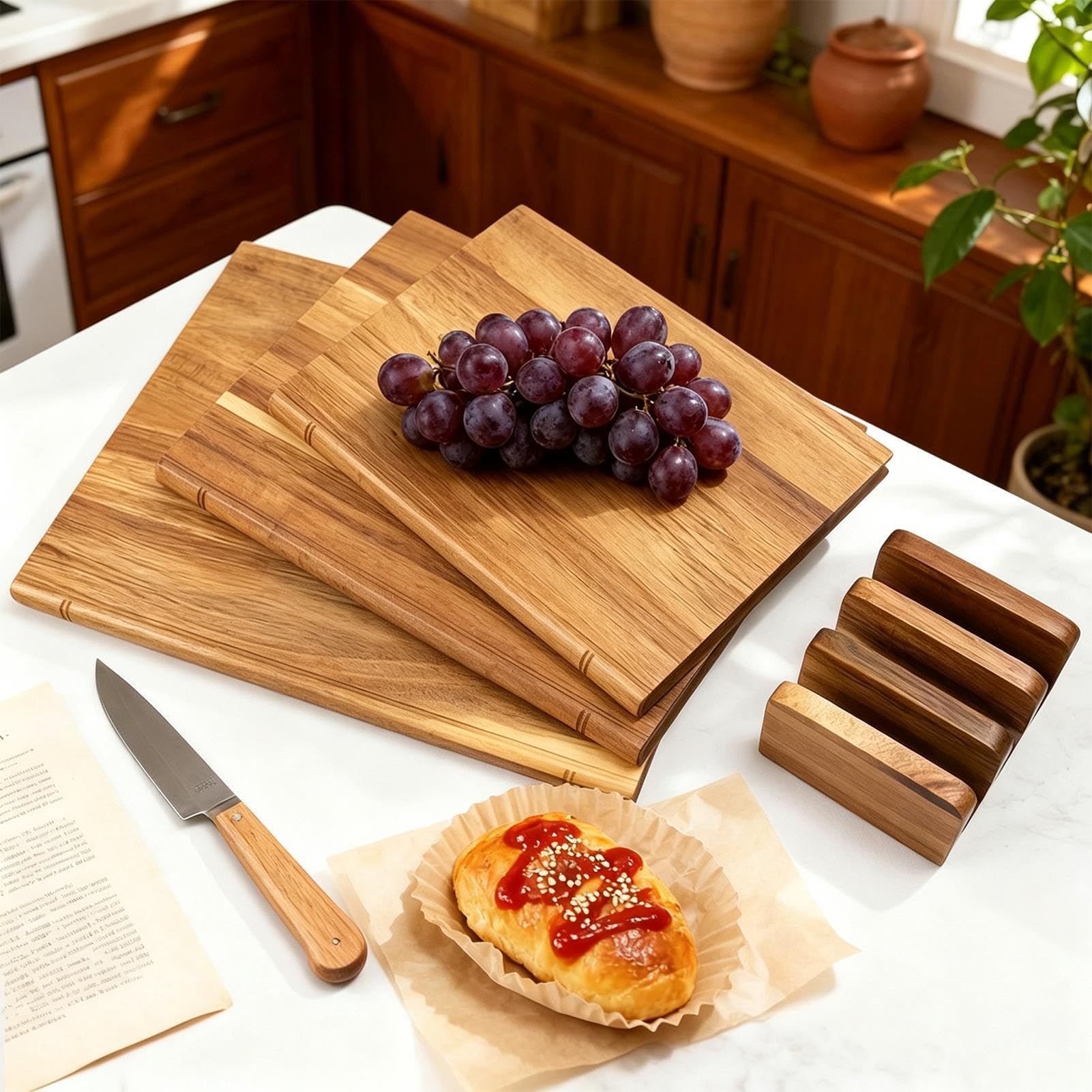 Book Cutting Board Set, deska do krojenia, drewniana deska śniadaniowa | Wygląd książki, 3-częściowy zestaw ze stojakiem, drewniana deska do krojenia, do kuchni Charcuterie Półmisek do serwowania