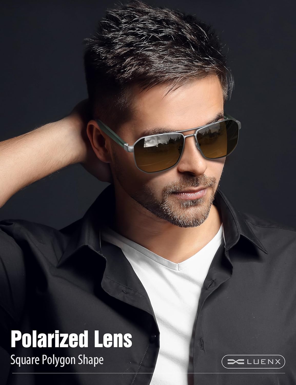 LUENX Aviator Sunglasses for Men Square Polarized Polygon Shades UV400 Sun Glasses with Accessories - Image 2