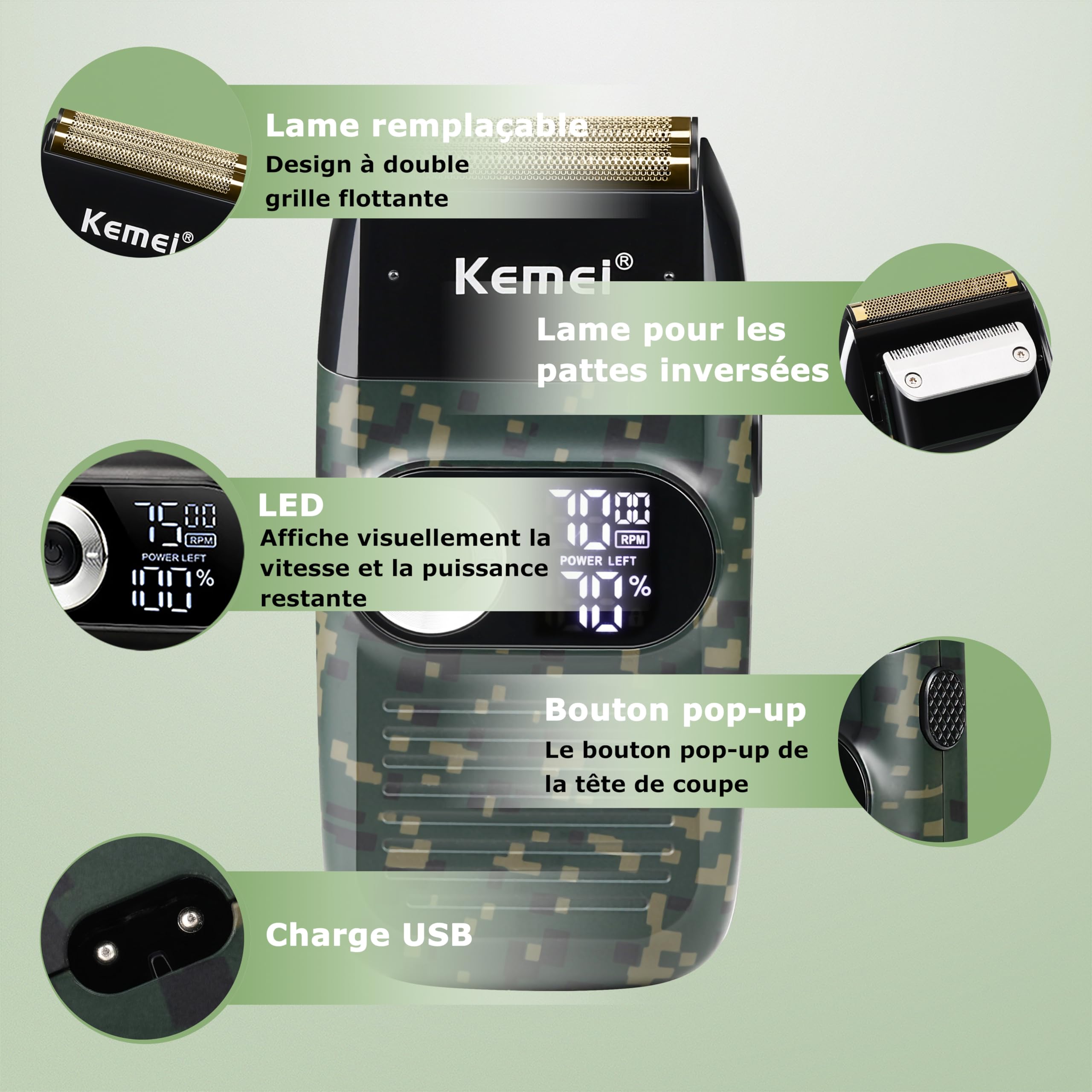 KEMEI Rasoir à grille pour homme Rasoir électrique pour tête chauve Shaver Homme sans fil avec affichage LED Cadeau pour la fête des pères