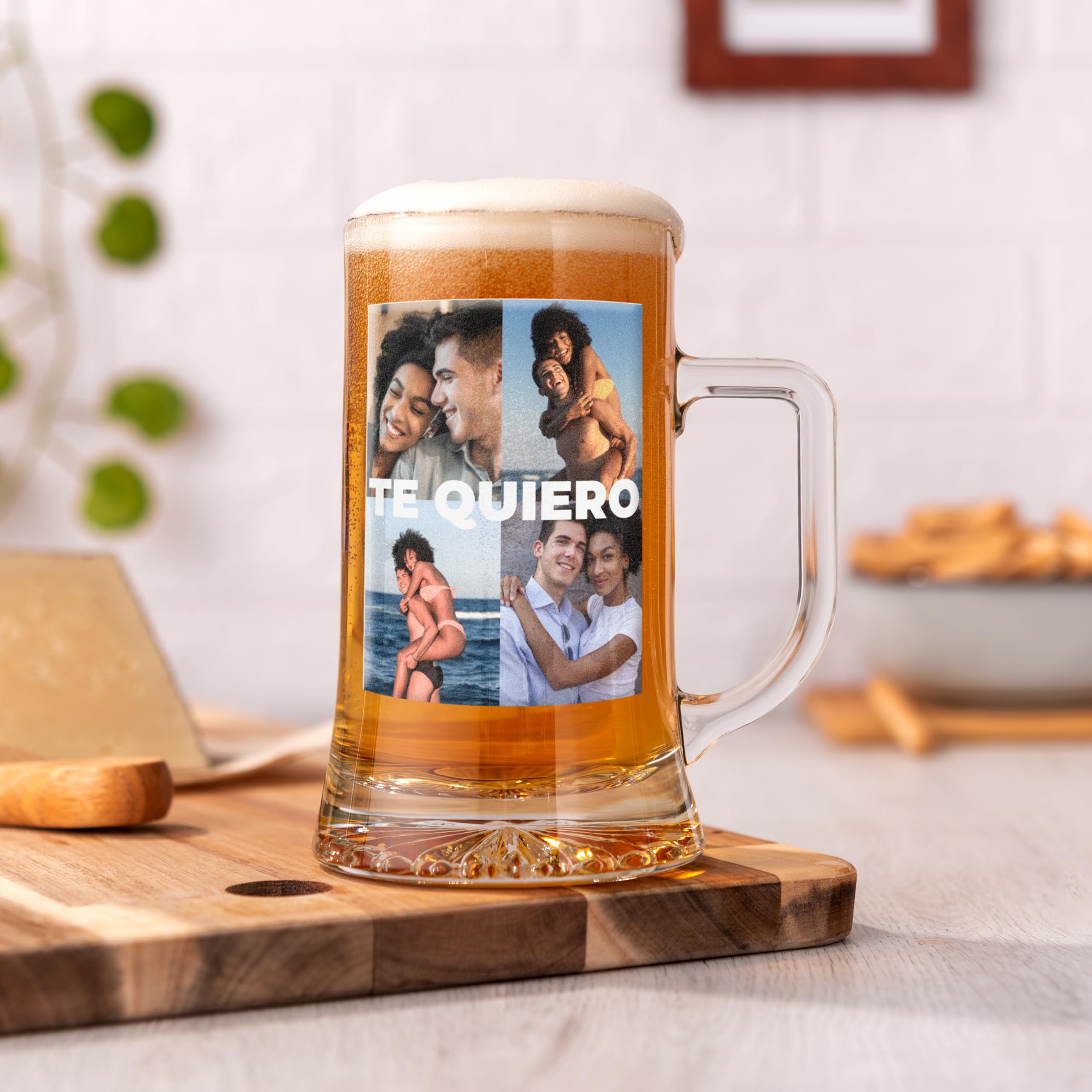 Jarra de Cerveza Personalizada con 4 Fotos y Texto – Jarra de Cristal Personalizada para Mamá, Papá o Pareja – Regalo Original para Cumpleaños, Día del Padre y Día de la Madre
