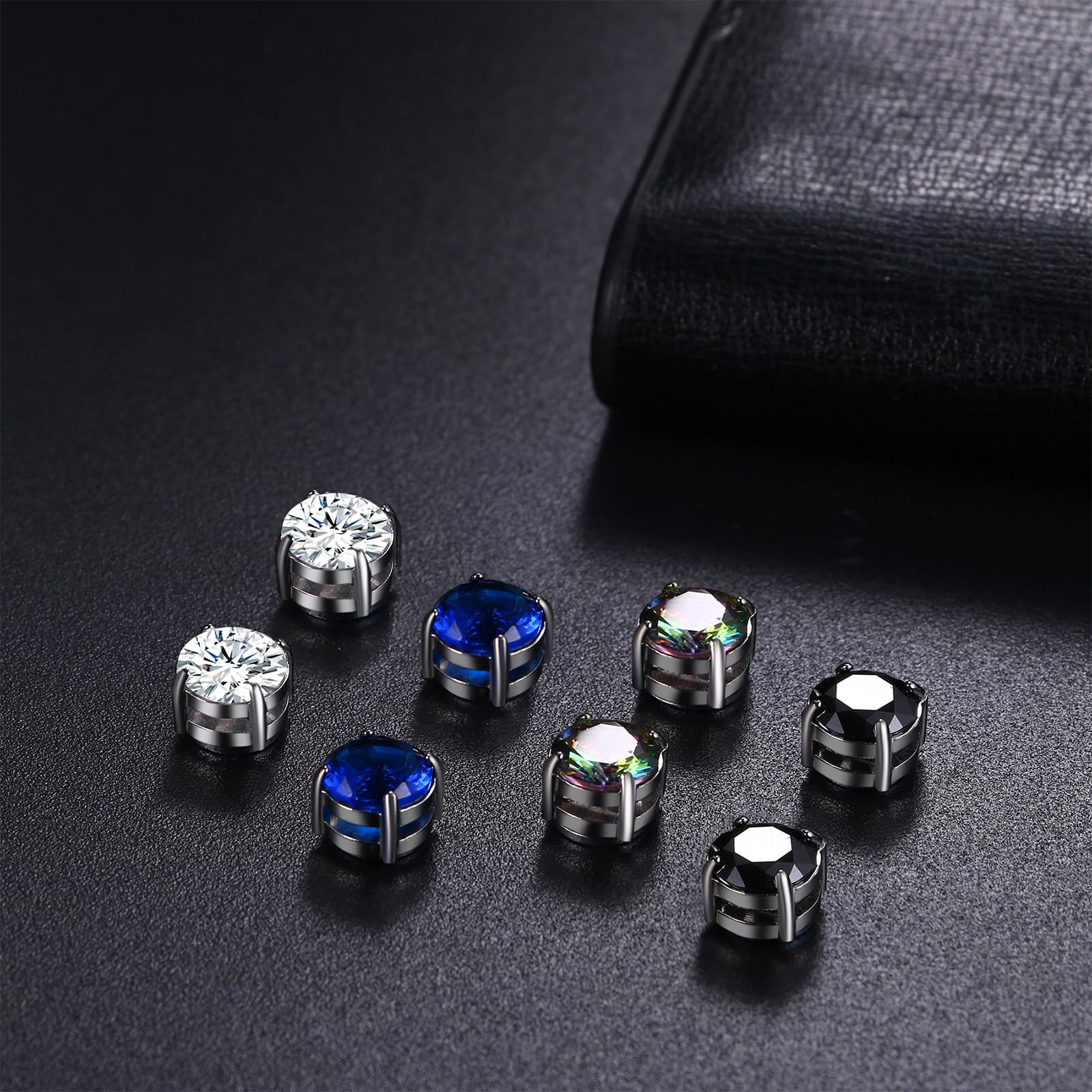 JewelryWe Kolczyki magnetyczne dla mężczyzn i kobiet: 4 pary 8 mm kolorowe okrągłe cyrkonie stal szlachetna magnetyczne kolczyki na sztyfcie, bez przekłuwania uszu, Stal nierdzewna